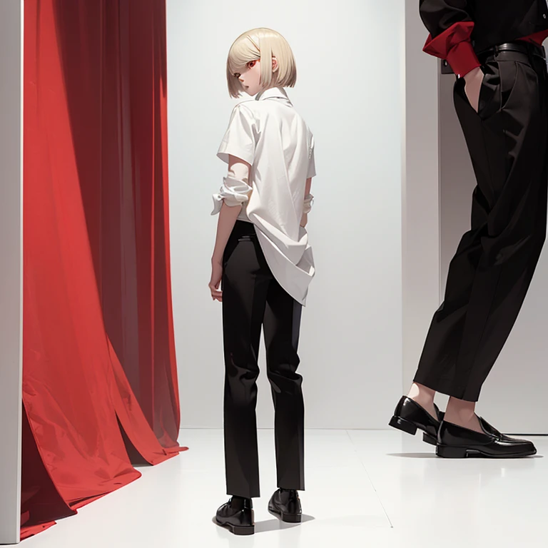 full body,(from back),standing,(White background),(solo 15 years old pale skin Boy),blond long bob cut,red eyes,(black vest),(white shirt),(black pants),(brown loafers),
