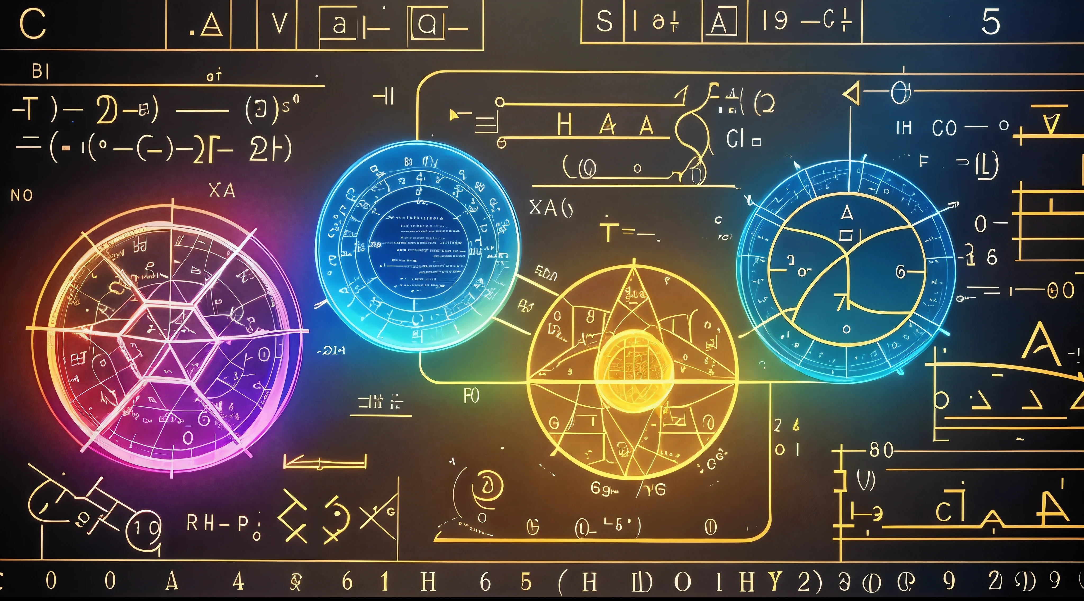 physic equations on top right, chemistry on top left and math bottom, colourful figures photo