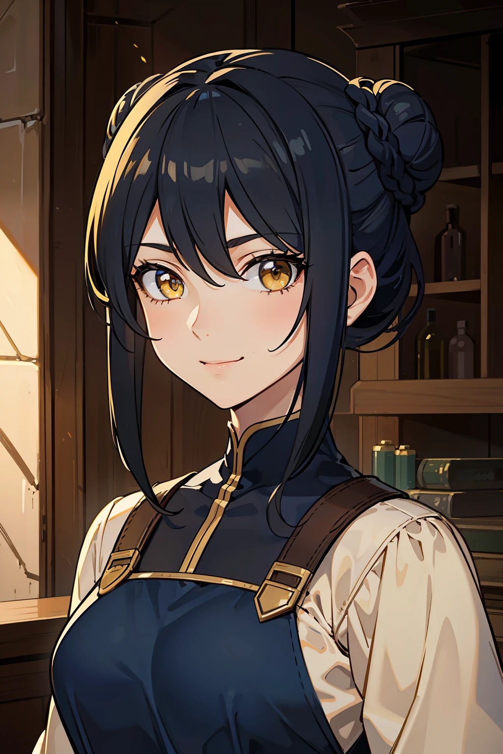 (high-quality, breathtaking),(expressive eyes, perfect face) portrait, 1girl, female, solo, adult woman, age late 20's, black hair, yellow golden eye color, short hair length, soft wavy hair, gentle smile, side bangs, looking at viewer, portrait, happy expression, fantasy clothing, blacksmith, blacksmith clothing, blacksmith profession, elegant, mature, height 5"6, tied back hair, blue lighting in hair, stylized hair, Elegant Looped Bun