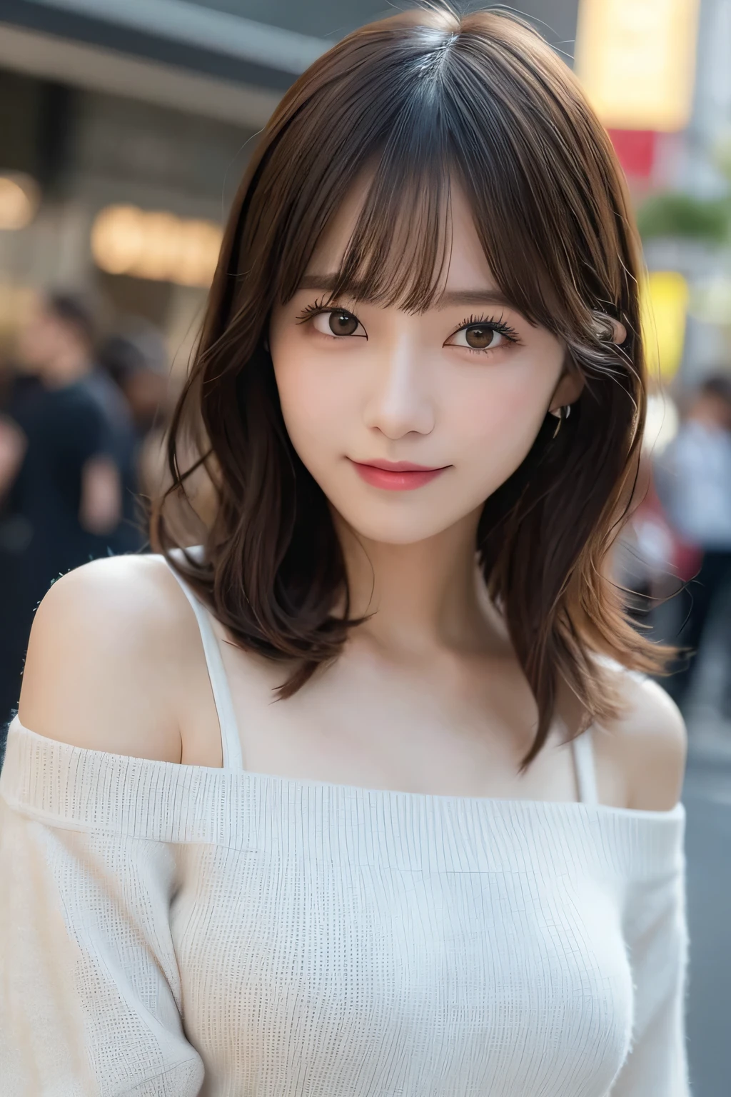 masutepiece, Best Quality, Illustration, Ultra-detailed, finely detail, hight resolution, 8K Wallpaper, Perfect dynamic composition, Beautiful detailed eyes, off shoulder knit ladies&#39;S Fashion,waved hair,small tits、Natural Color Lip, Bold sexy poses,Smile,Harajuku、20 years girl、Cute、Sexy shot looking at camera,Ultra-realistic raw photos