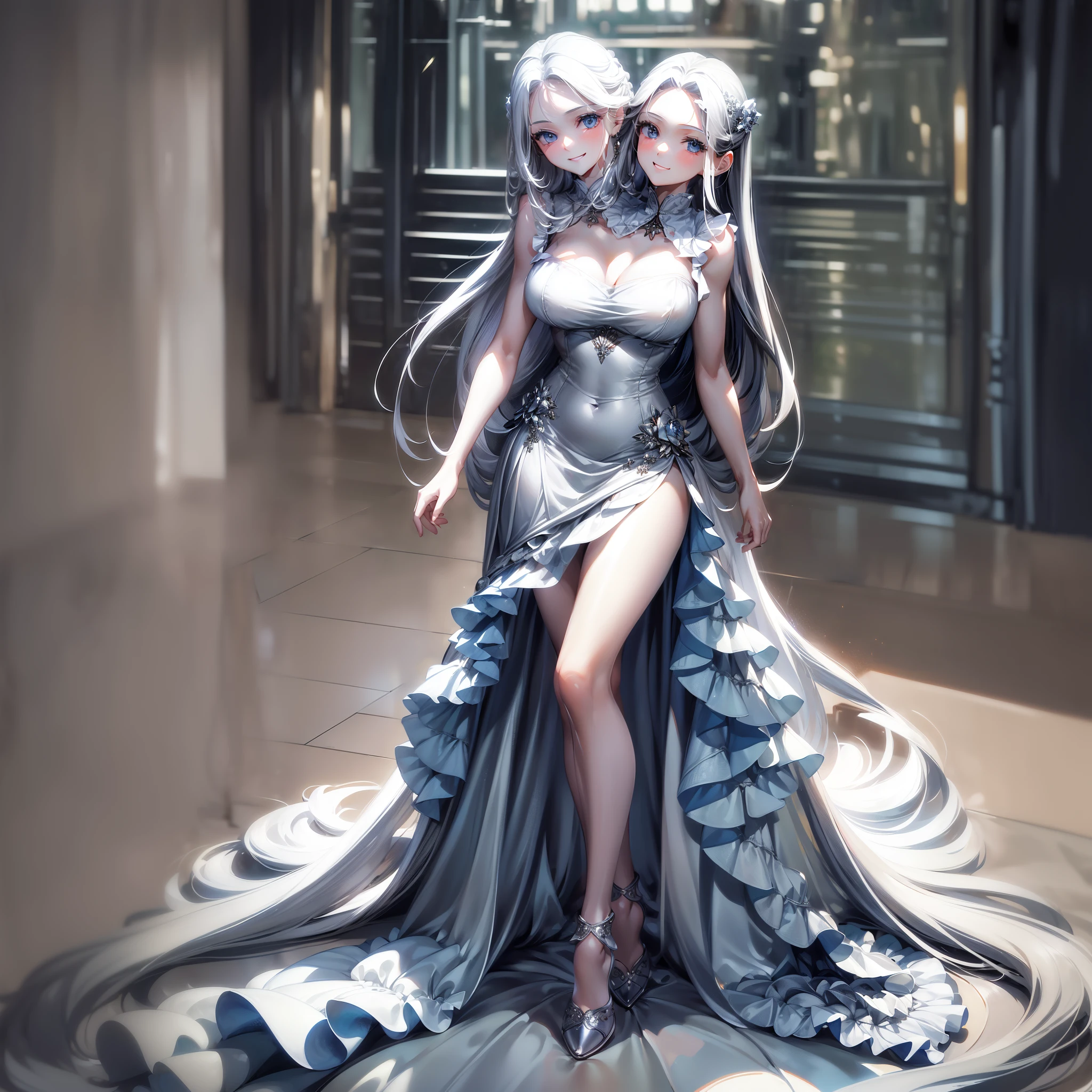 best quality, (masterpiece),(ultra-detailed), (high quality), (high resolution), (2heads:1.5) white long hair, black long hair, medium breasts, cleavage, grey skirt , full body,best quality:1.5, highres, UHD, 4K), smiling, ((grey sleeveless dress)), ((full body)), detailed blue eyes, (mature woman), casual dress