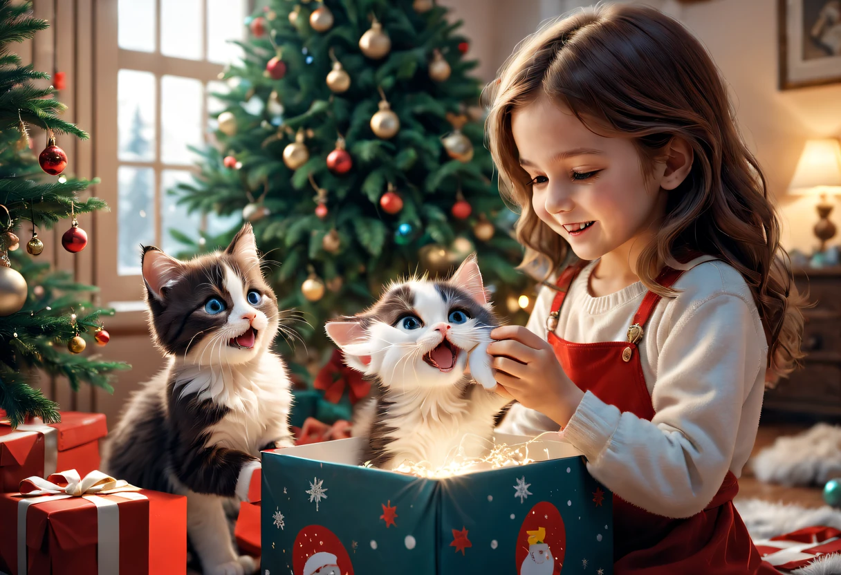 Open gift box under the tree..., beautiful cute fluffy kitten in a gift box, the girl looks with delight at the kitten in the box and rejoices, kitten looks at girl, the whole situation evokes joy and tenderness, pay attention to the girl’s enthusiastic emotions, the girl really wanted to receive a kitten as a gift and her wish came true, it gives her a lot of emotions, caused by the fulfillment of her childhood dream, higly detailed, Octane Render, ..3d