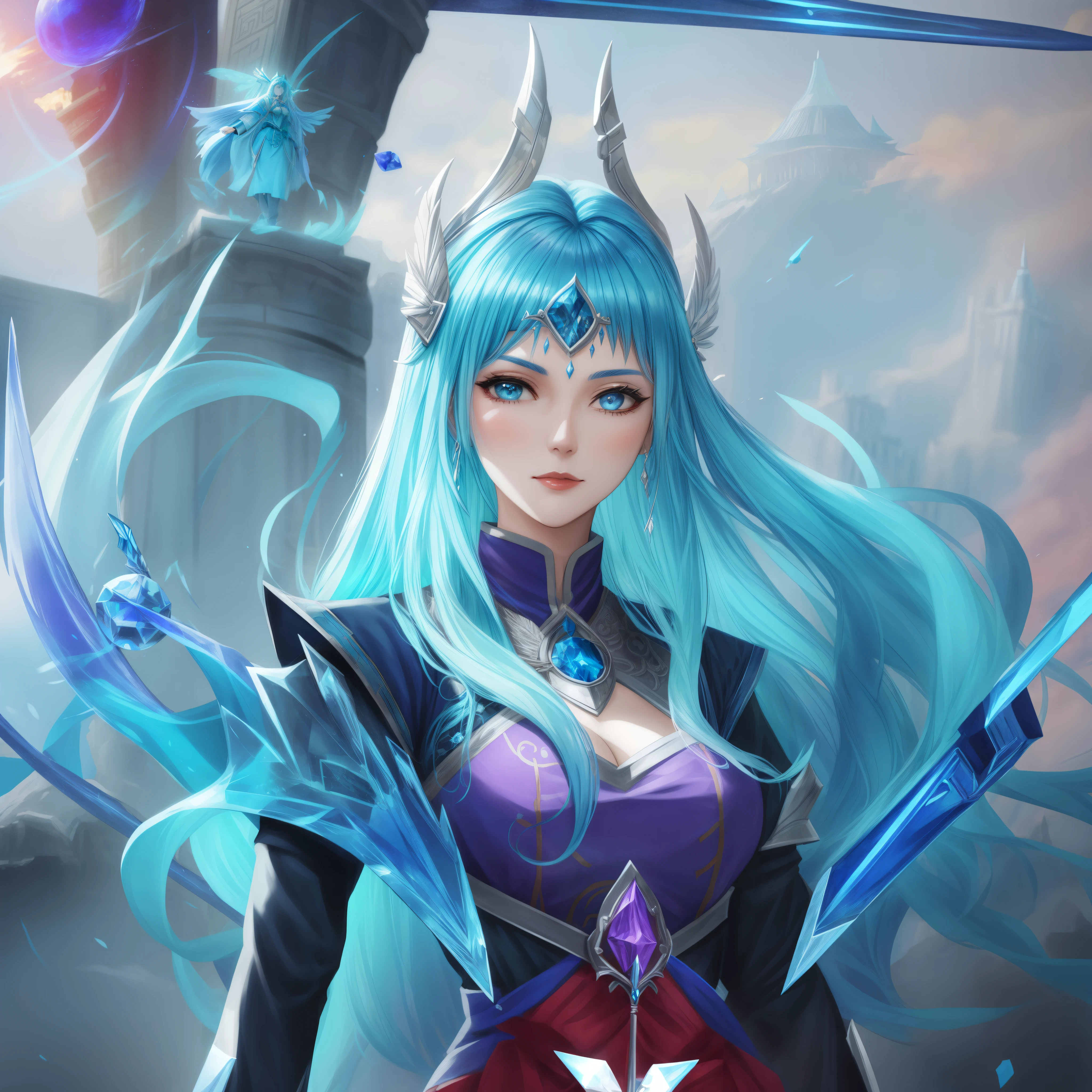 a woman in a blue outfit holding a sword and a sword, ashe, queen of ice and storm, ice sorceress, freezing blue skin, irelia, jaina proudmoore, extremely detailed artgerm, ig model | artgerm, seraphine ahri kda, mobile legends, crystalline skin, ice mage, splash art, 8k, ultra hd, ultra detailed texture, hyper realistic, masterpiece, detailed texture, detailed face, detailed skin, detailed lighting, (photorealistic:1.5), best quality, beautiful lighting, cinematic lighting, professional lighting, ultra highres, realistic, detailed hair, real hair, high quality, (realskin:1.5), extremely detailed, finely detail, ultra-detailed, glare, blue eyes