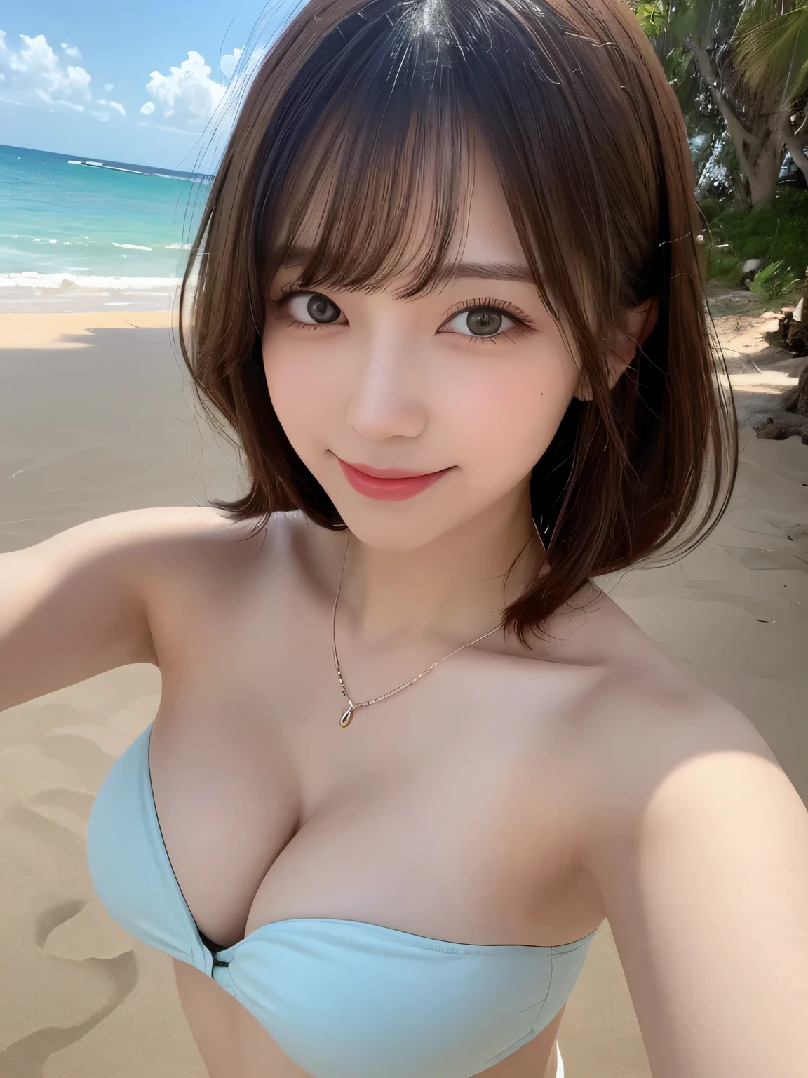masutepiece, Best Quality, Illustration, Ultra-detailed, finely detail, hight resolution, 8K Wallpaper, Perfect dynamic composition, Beautiful detailed eyes, Bandeau Bikini, Natural Color Lip,Beach, Random and cute poses, selfie photo, flowing bangs,cleavage of the breast, Smile Face、heel