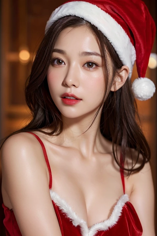 Ultra-realistic capture, Highly detailed,. Skin texture must be natural,Take a photo wearing a Santa Claus costume,Red dress and hat, wearing red dress,Upper arms exposed