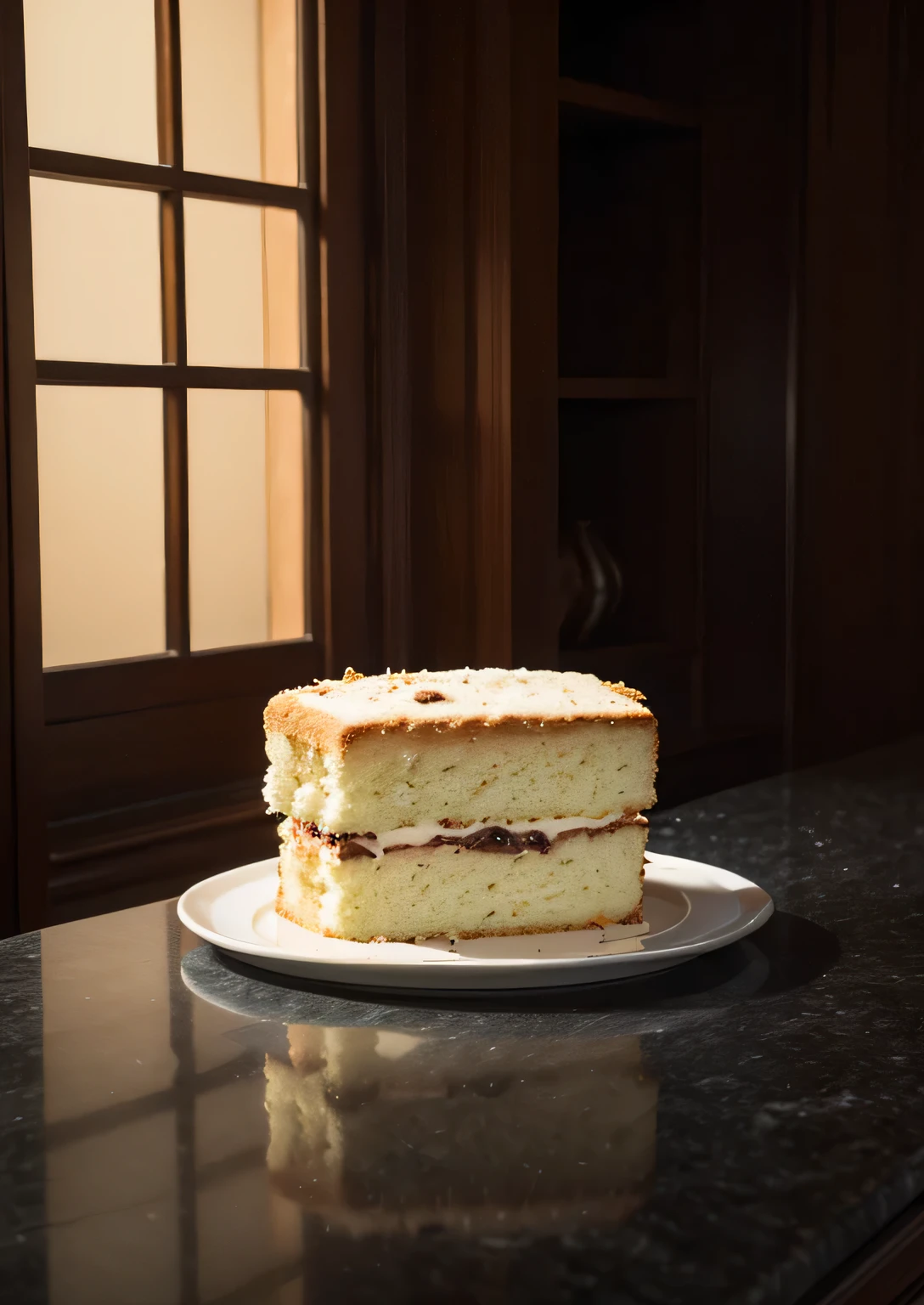 （box of cakes），（Try to keep the cake as it is），（There is a window in the background），（marble table），（cake on round plate），（Next to the cake is a golden spoon），tmasterpiece，Best quality at best，Warm color palette，bright