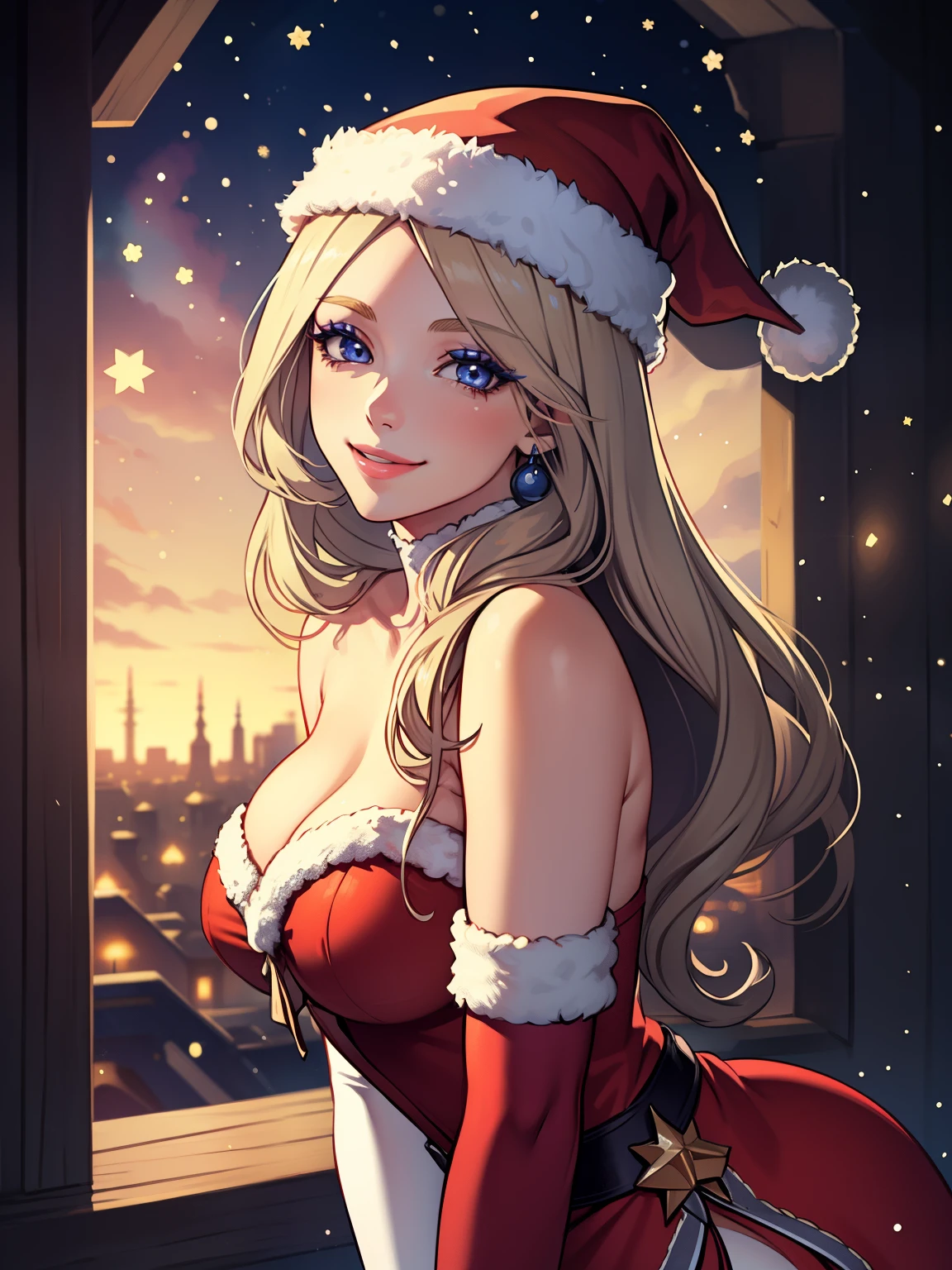 1girl, solo, masterpiece, best quality, high res, highly detailed, (illustration), beautiful detailed eyes, warMercedes ,glossy lips, makeup, smile, long white elbow gloves, cowboy shot, (santa), red santa dress, santa hat, strapless dress, white elbow gloves