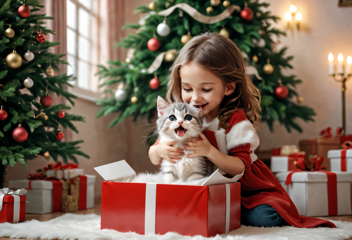 Open gift box under the tree..., beautiful cute fluffy kitten in a gift box, the girl looks with delight at the kitten in the box and rejoices, kitten looks at girl, the whole situation evokes joy and tenderness, pay attention to the girl’s enthusiastic emotions, the girl really wanted to receive a kitten as a gift and her wish came true, it gives her a lot of emotions, caused by the fulfillment of her childhood dream, higly detailed, Octane Render, ..3d