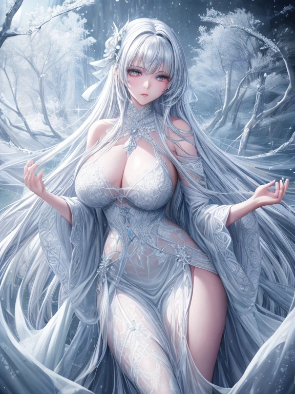 scenecy, Paradise in Heaven, White lighting,(masutepiece), (Best Quality), (Cinematic), 8K, (art  stations), Li Yue painting style.(長い白い髪とSilvery eyesを持つ1人の女), (Beautiful delicate face)、[ Particle Lou Full Moon] [Frozen trees々] [landscape crystal] [Lighting] [Ethereal Atmosphere]:1.1] [Fantasy, short story] [soft Lighting] [+Cinematic shot]:1.2 [+art  stations] [+luminous white background] [+soft Lighting] [soft glow] [Creative and dynamic angles]:1.3, [+Crystal Toning] 、masutepiece, ighly detailed, Ultra-detailed, Solo, (pale skin), Silvery eyes, Frosty white hair, (snowy background), (snowflake rosen flower:1.0), (shining crystal),, (Snowy ground), (Icy breath), (White lashes), Female sexy、dreamy and detailed, Gorgeous setting, 妖しい雰囲気 masutepiece, The most beautiful scenes, An majestic、(((full of white flowers)))、quiet and serene atmosphere、A charming, The nipple is visible、a stunning young ethereal figure, all white tones,Inside the crystal library,Transparent flowers and falling snow，Many white roses are planted,(flowingwater,falls,water bloom),The decoration is also carefully done.,Dreamy（ighly detailedです，Creative Design，crisp and precise lines，K HD，best qualtiy，tmasterpiece，超hight resolution，4K）、Diverse poses、((beautiful white flower hair ornament))、beautiful hairl型、(Best Quality, 4K, 8K, hight resolution, masutepiece:1.2), Ultra-detailed, Detailed expression, Graceful posture, dreamy ambiance, expressive brush strokes, mystic atmosphere, artistic interpretation,beautiful hairl，Delicate floral jewelry， (((Detailed design、Beautiful lace translucent dress、Less cloth)))、(SFW:1.5), (Oversized breasts, best body proportions, proportions of large breasts,:1.5),