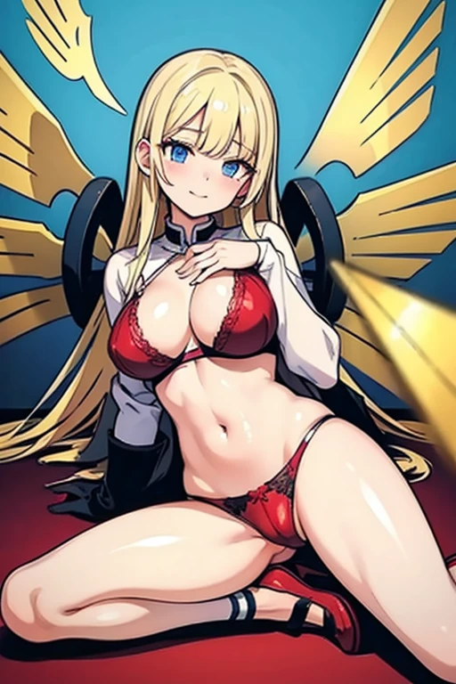 ((Best Quality)), ((Masterpiece)), (detailed), perfect faces, blonde hair, blue eyes, large breast, sexy, red bra, red lingerie, red underwear, cum in pussy, breast milk, angel wings