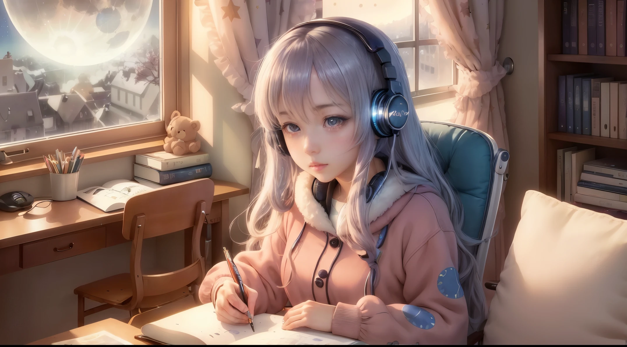 (anime girl,beautiful detailed eyes,beautiful detailed lips,extremely detailed eyes and face,long eyelashes),(headphones),(studying),(room),(big window),(viewing stars),(viewing the moon),(soft moonlight),(illustration),(highres,ultra-detailed,photorealistic),(vivid colors),(studio lighting),(quiet atmosphere),(peaceful),(cozy),(books),(notebooks),(stationery),(art supplies),(desk),(computer),(comfortable chair),(bookshelf),(posters),(anime merchandise),(decorations),(plush toys),(star pattern curtains),(warm colors),(dreamy),(peaceful),(serene),]