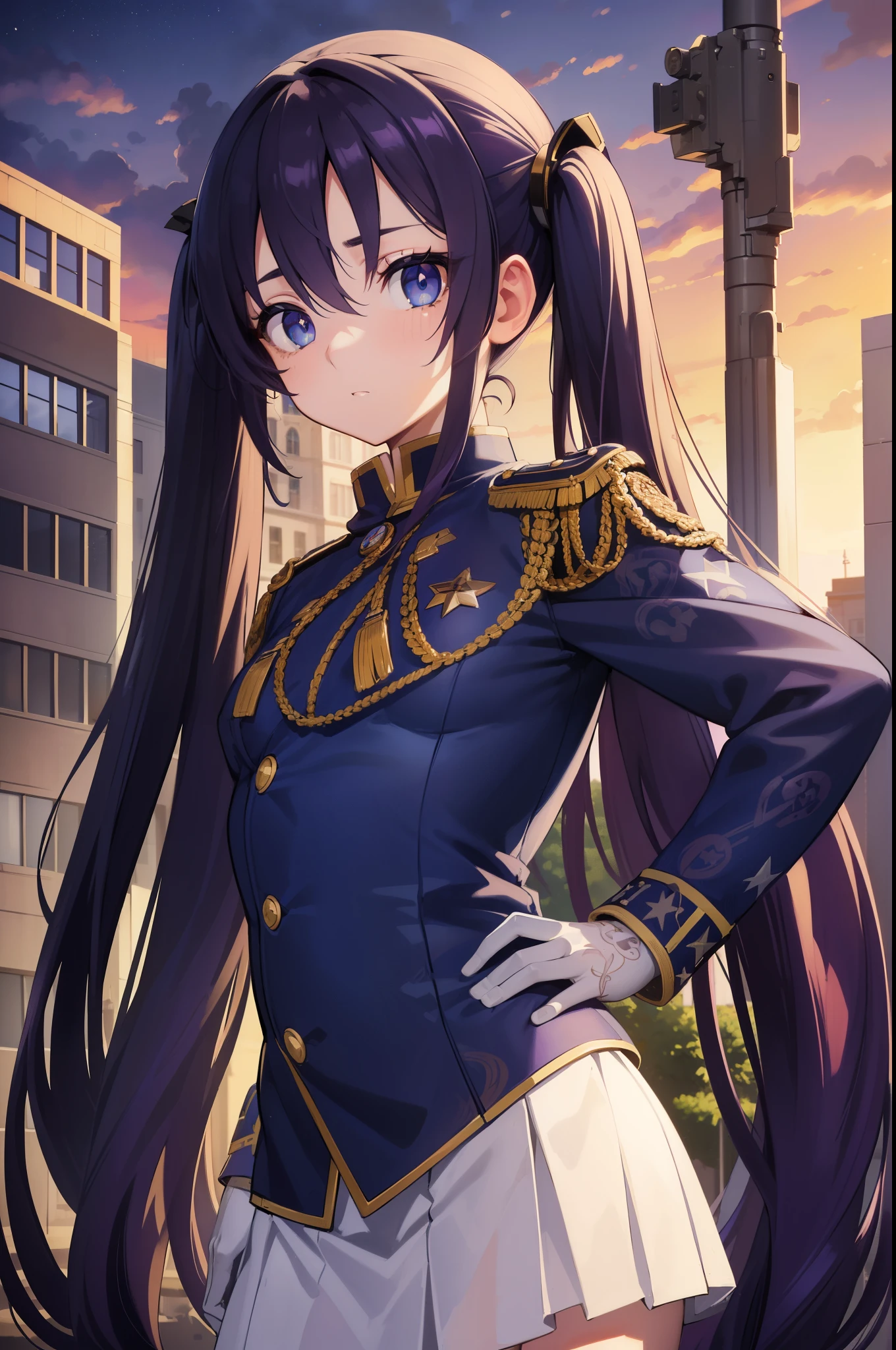 monamegistus, mona, blue eyes, hair between eyes, twintails, very long hair, purple hair, (small breast:1.2), ((military uniform)), outdoors, city, looking at viewer, (masterpiece:1.2), best quality, high resolution, unity 8k wallpaper, (illustration:0.8), (beautiful detailed eyes:1.6), extremely detailed face, perfect lighting, extremely detailed CG, (perfect hands, perfect anatomy),