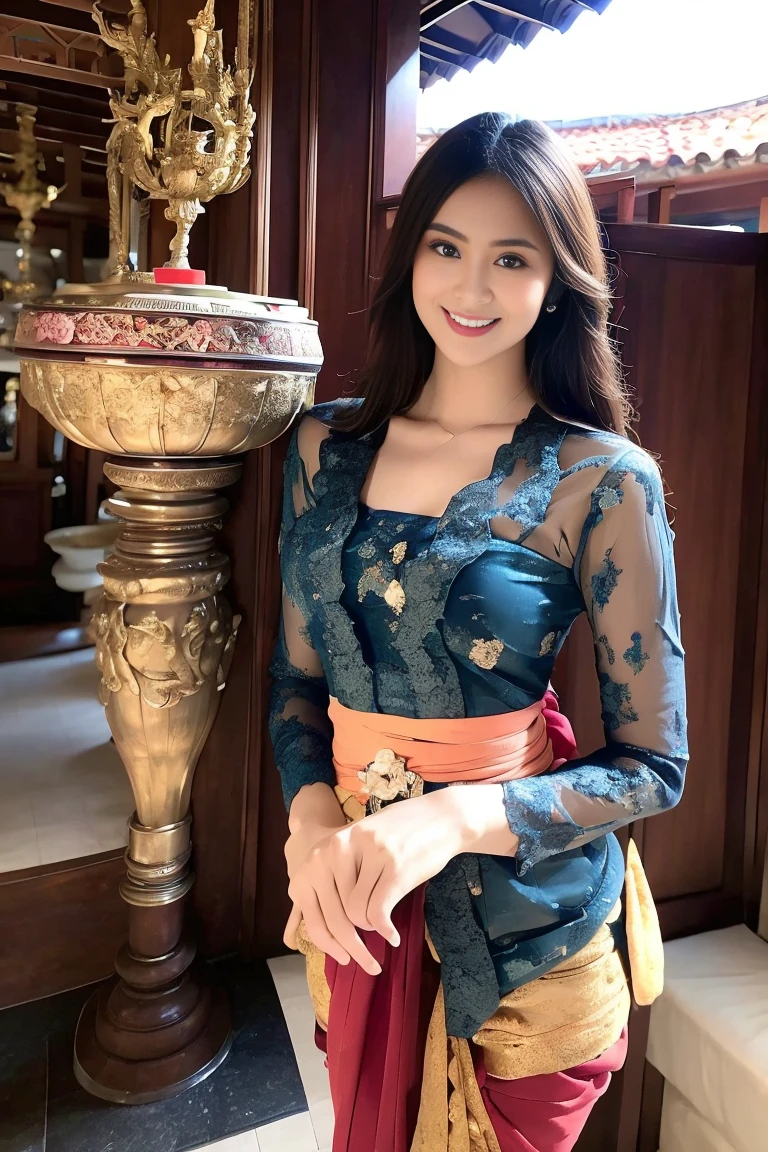 8k picture of Japanese girl, highlighting her captivating blue eyes, high cheekbones, graceful poise, slender figure, and radiant smile. Emphasize her versatility as a model and how her distinctive features contribute to her timeless allure. Adorned in a Kebaya Bali, the wearer embodies cultural grace. The intricate lace blouse, fitted to perfection, showcases delicate patterns that dance along the fabric. The vibrant kebaya is paired with a sarong, its vivid hues echoing the rich tapestry of Balinese traditions. Completing the ensemble, a bejeweled headdress rests elegantly, adding a touch of regality to the overall attire. this high-quality portrait image, utilize a full-frame DSLR camera, shot by Nikon D850 camera, paired with a prime lens Nikon AF-S NIKKOR 85mm f/1.4G. kebaya_bali_white_kebaya_bali.