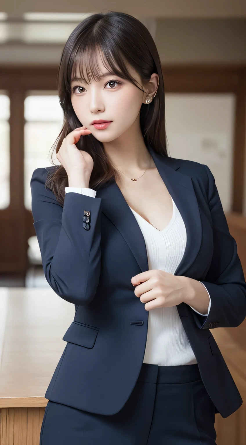 masutepiece, Best Quality, Illustration, Ultra-detailed, finely detail, hight resolution, 8K Wallpaper, Perfect dynamic composition, Beautiful detailed eyes, Business Suit, Full body,Natural Lip, Big breasts, Natural hair