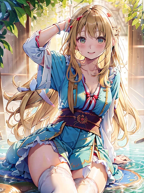 A 12 year old girl with a cute blonde wavy headband sits naked with her legs spread wide showing her ass, anus, pussy and small nipples.。I don't wear any underwear。A pose where you can be seen from below。are small。Pose that shows your anus。pussy and anus are spread。Spreading legs with both hands。Emphasis on。Her costume is a dirndl.。