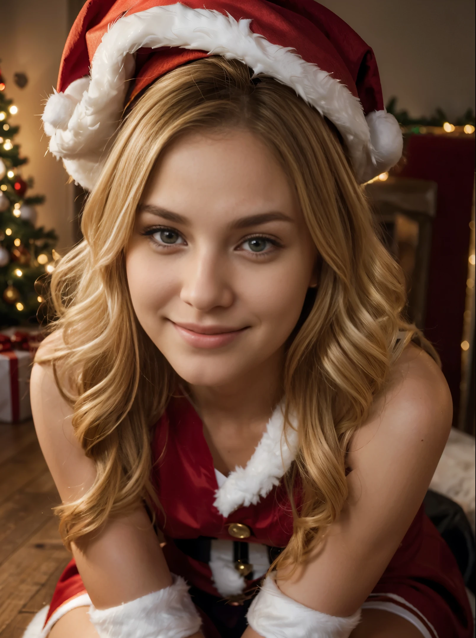 blonde girl,dark blonde hair,smile,Sittin on santa claus lap, ultra realistic, extreme details, UHD