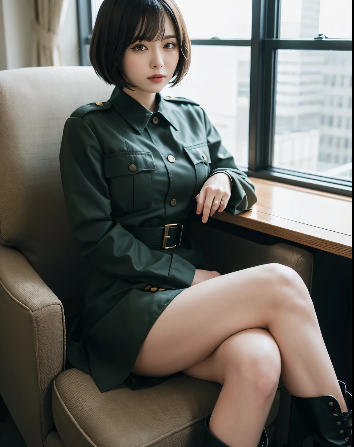 Bob Layer Cut、military outfits、Sit in a chair、boots