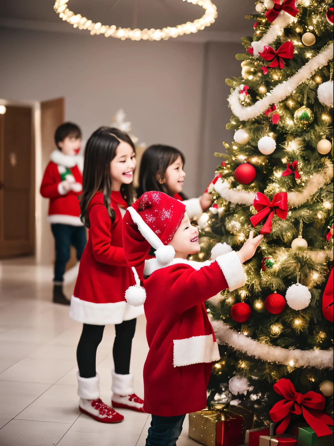 Christmas 🎄🎁 decoration , Christmas tree, happy childrens in background
