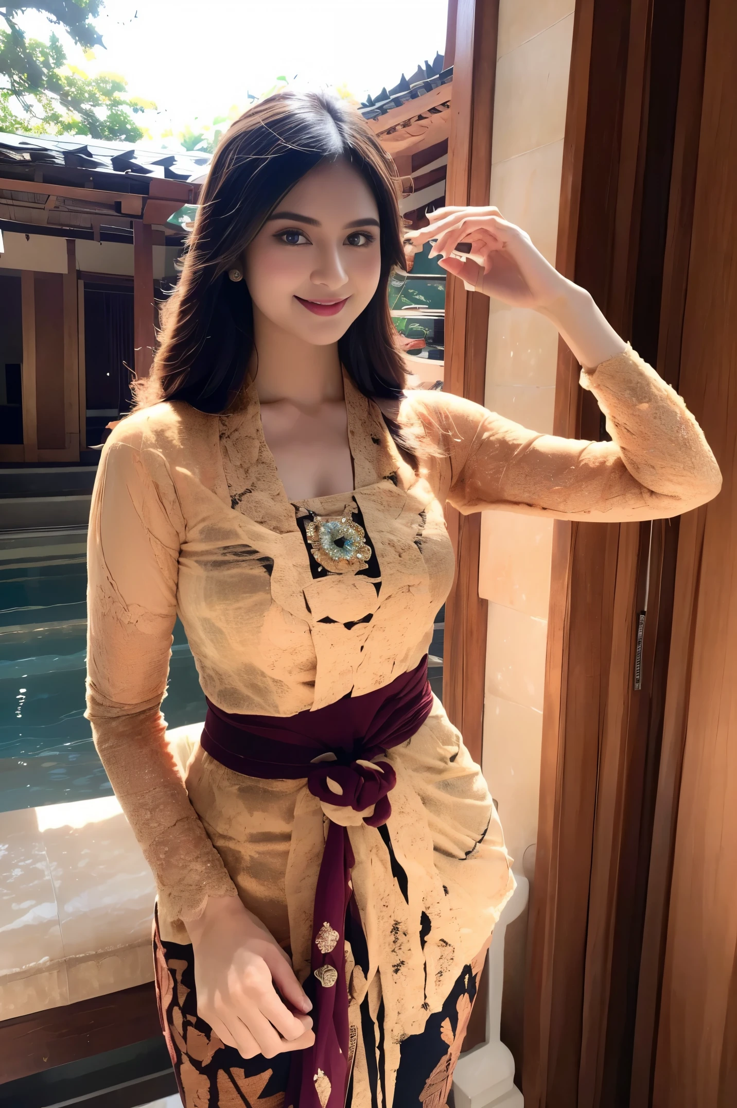 8k picture of Japanese girl, highlighting her captivating blue eyes, high cheekbones, graceful poise, slender figure, and radiant smile. Emphasize her versatility as a model and how her distinctive features contribute to her timeless allure. Adorned in a Kebaya Bali, the wearer embodies cultural grace. The intricate lace blouse, fitted to perfection, showcases delicate patterns that dance along the fabric. The vibrant kebaya is paired with a sarong, its vivid hues echoing the rich tapestry of Balinese traditions. Completing the ensemble, a bejeweled headdress rests elegantly, adding a touch of regality to the overall attire. this high-quality portrait image, utilize a full-frame DSLR camera, shot by Nikon D850 camera, paired with a prime lens Nikon AF-S NIKKOR 85mm f/1.4G. kebaya_bali_white_kebaya_bali.