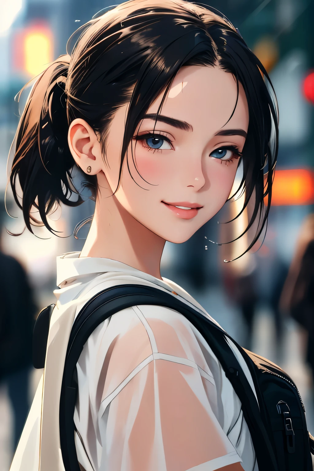 fashion style, masterpiece, best quality, 8k, artstation, sharp focus, (ultrarealistic:1.5), (high details:1.4), raw photo of a young woman, street smiling, backpack, ponytails, faded, complex stuff around, intricate background, soaking wet, (Cinematic:1.4),