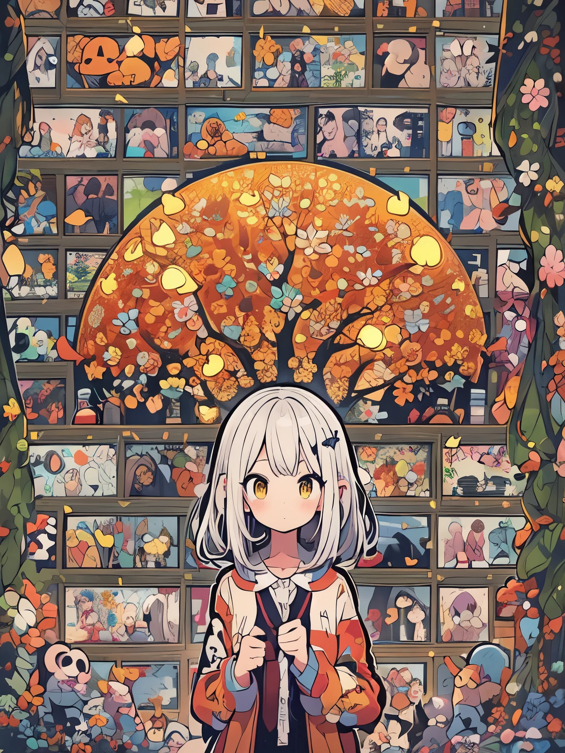 Vibrant digital art depicting a girl with silver hair and a bright expression, Holding a microphone. BREAK Front view surrounded by colorful manga panels in the background, In large, spherical, Orange tree occupies the top half. BREAK The character is a round-faced anime-style girl., Large eyes, and a gentle smile, Wearing an orange jacket decorated with black details, Creates a pop idol atmosphere. BREAK A patchwork of manga frames behind her, Each tells part of a larger story, The warm, A captivating color palette that suggests a celebration of story and music.