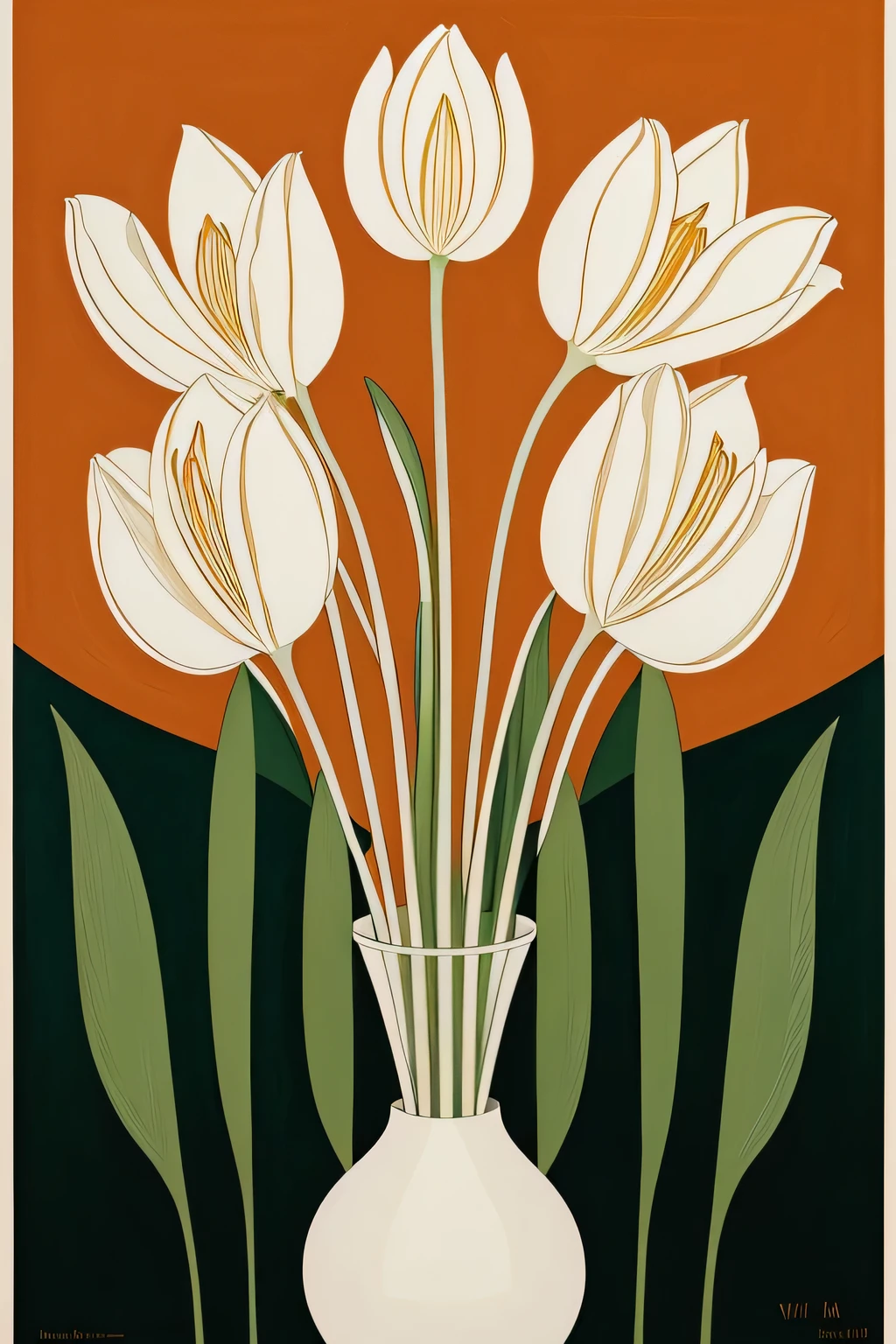 White tulip painting on background,Designed by Heif Kahraman, Neil Welliver, Mikhail Vrubel,wall paintings,Monochrome work,light orange and emerald green,Natural proportions --s 180 --c 2 --ar 1:1 --style original --v 5.2