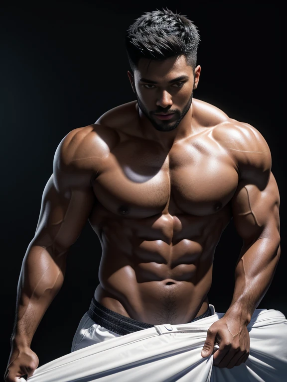 8K,8K分辨率,Muscular blacks, cool guy,Sexy and charming eyes,Dark skin,Naked, short white pantig bag,Highlight,best qualityer,profesional lighting,professional photoshooting,Realistic photos,realistic model,photorealistic art
