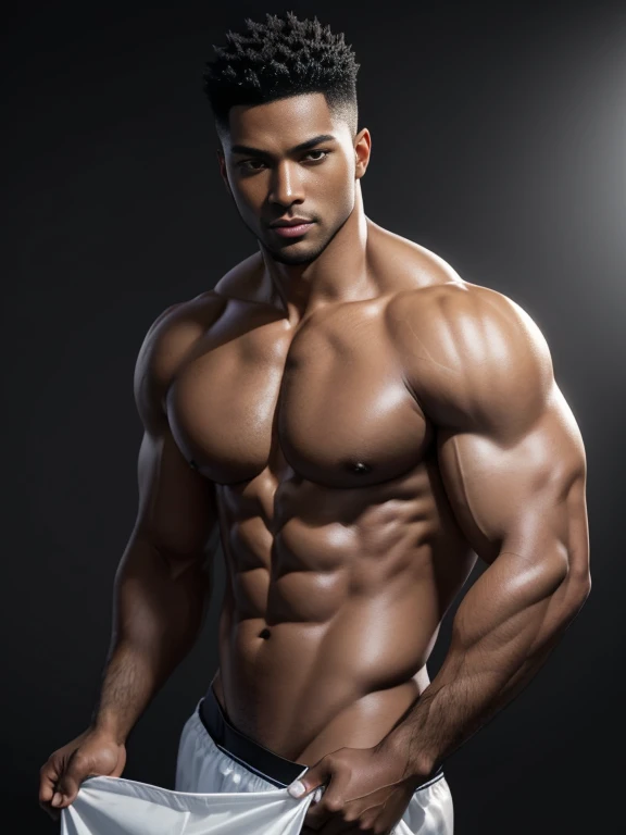 8K，8K分辨率，Muscular blacks, cool guy，Sexy and charming eyes，Dark skin,Fine, smooth and shiny，Naked， short white pantig bag，Highlight，best qualityer，profesional lighting，professional photoshooting，Realistic photos，realistic model，photorealistic  art