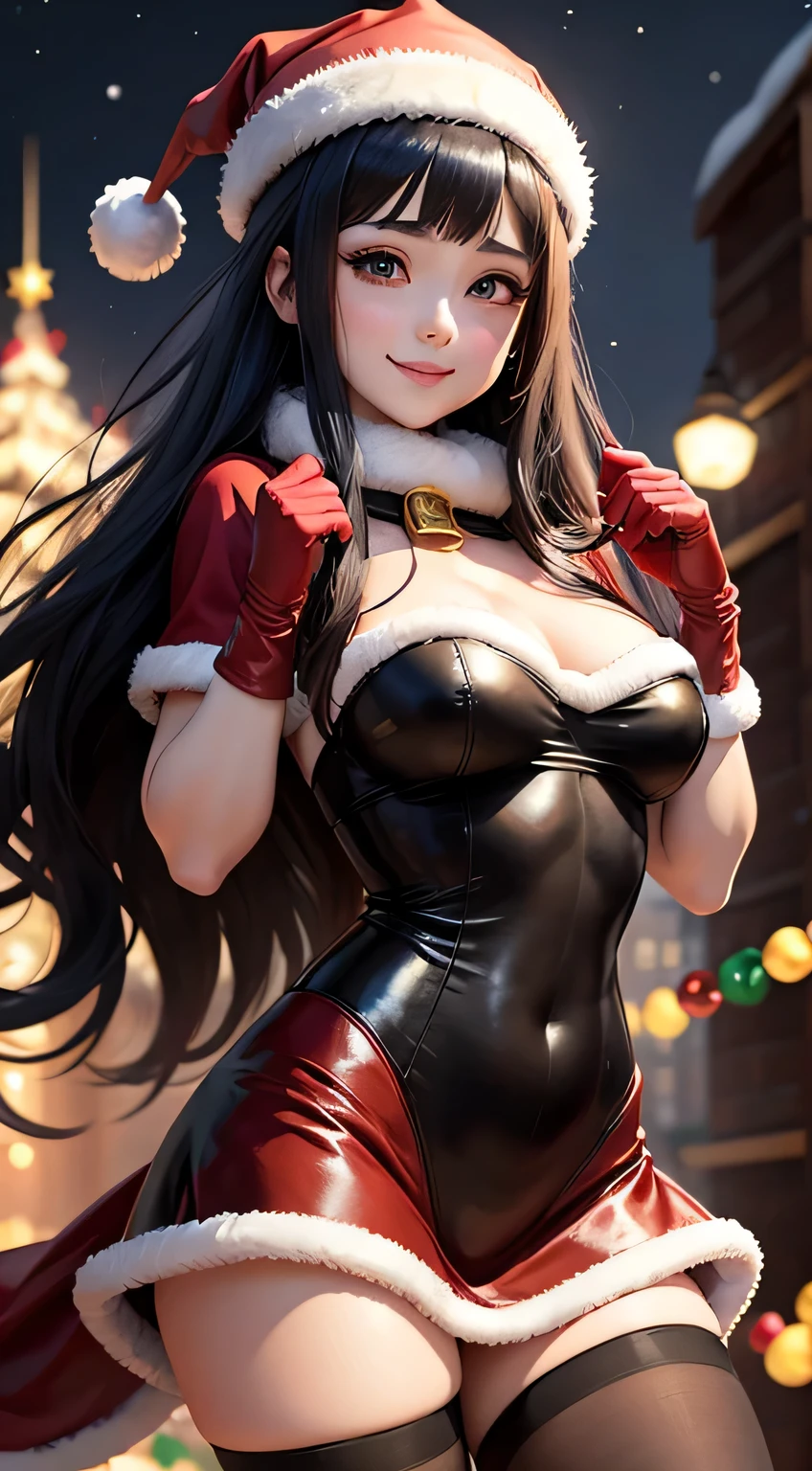 masterpiece,1girl, hinata hyuga,_hair, gloves, black_gloves, fur_trim, hat, santa_costume, christmas, open_mouth, smile, bell, solo, red_headwear, pantyhose, Christmas city_background, santa_hat,