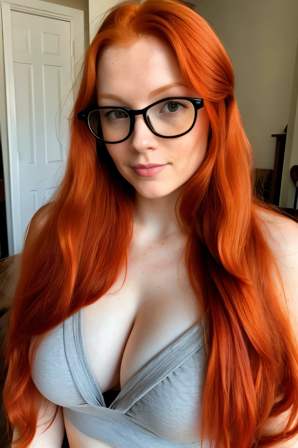 photo of a redhead woman with black rim glasses