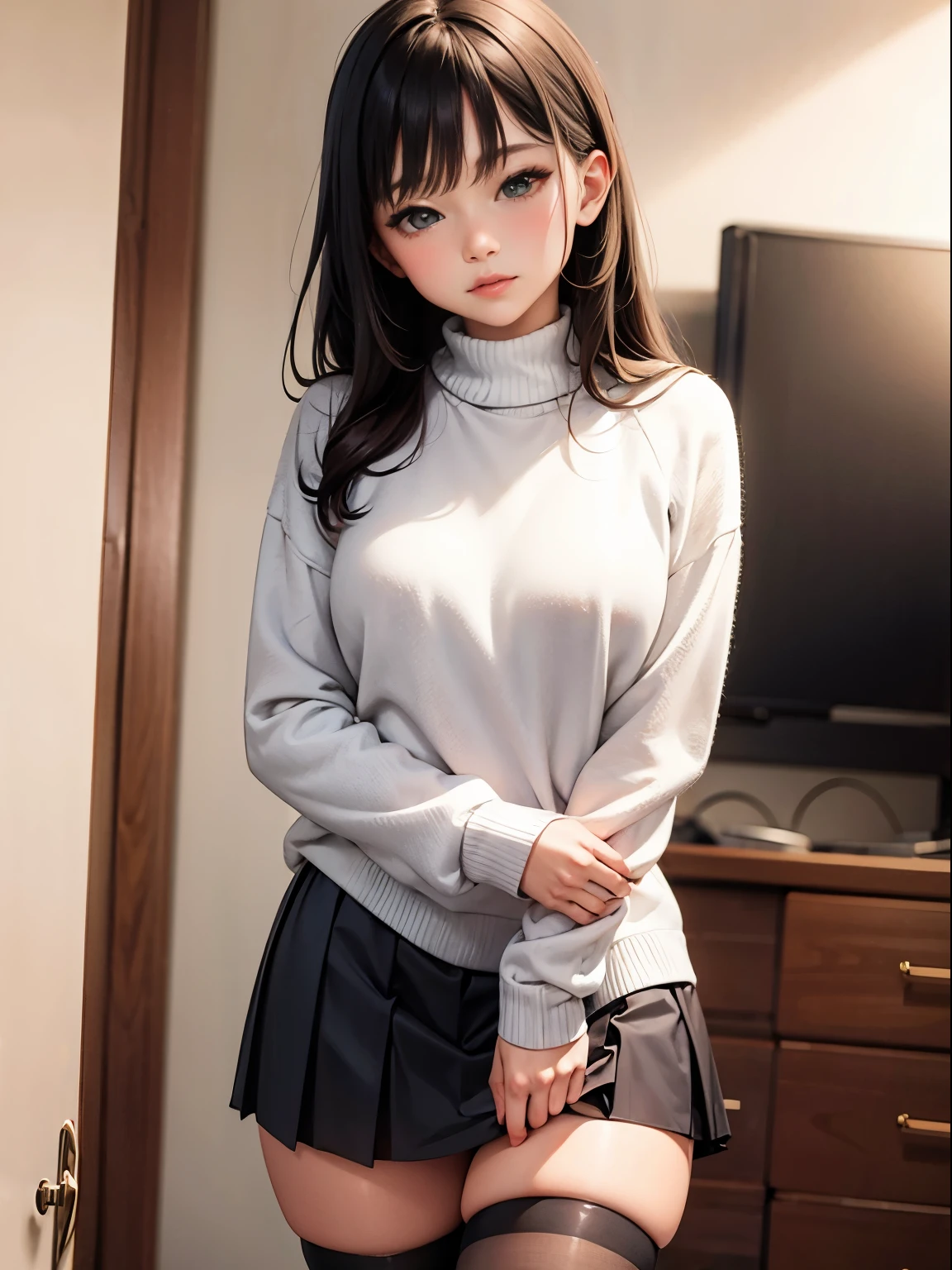 skirt, sweater, thigh highs