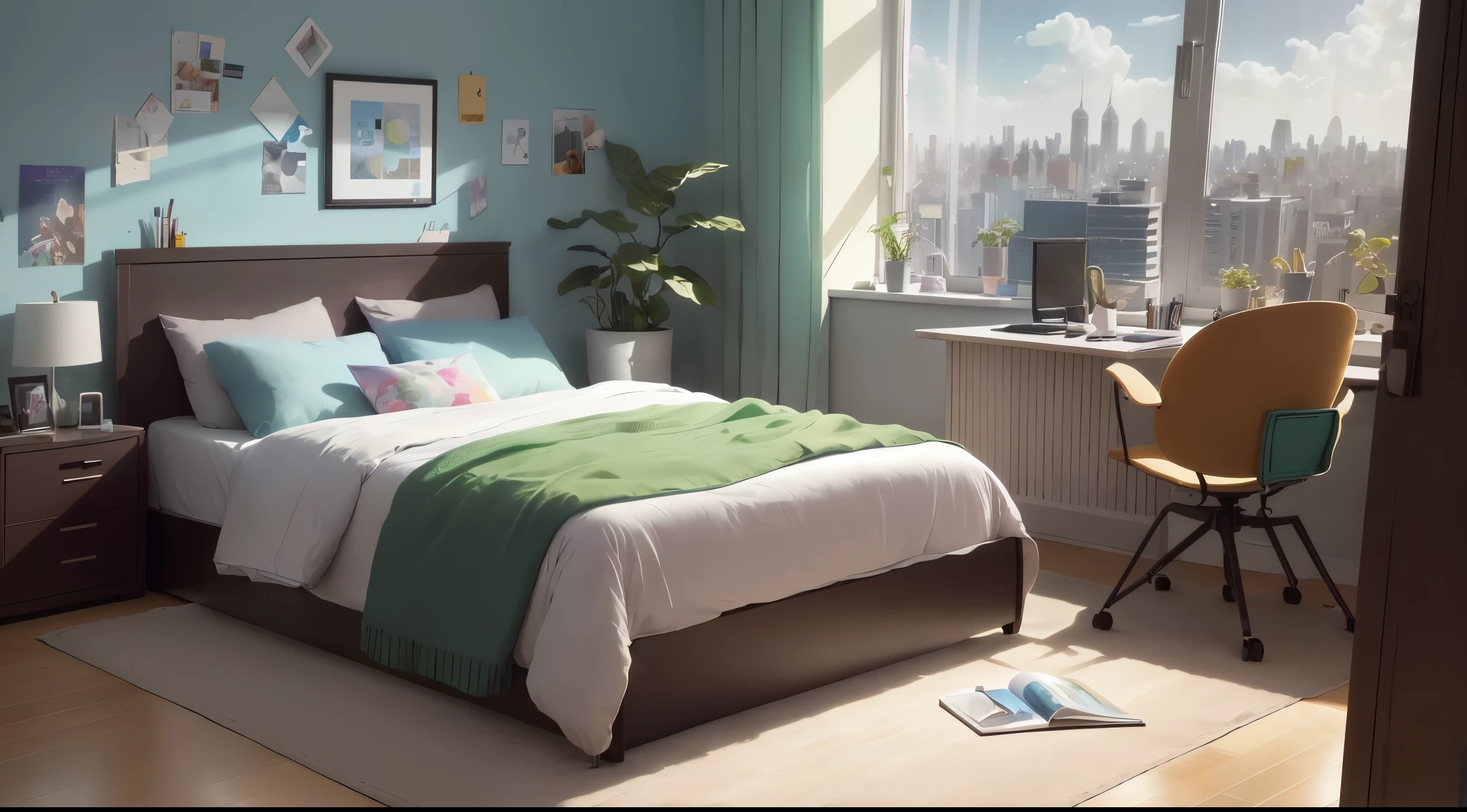 (best quality,4k,8k,highres,masterpiece:1.2),ultra-detailed,(realistic,photorealistic,photo-realistic:1.37),anime,portrait,studio lighting,colorful,sharp focus,modern,neat,quiet room,teenager girl,beautiful detailed eyes,beautiful detailed lips,books on the desk,bookshelves full of colorful books,homework,notebooks and stationary,headphones,smartphone on the desk,computer/laptop,comfortable chair,posters of favorite anime characters on the wall,soft natural light coming from the window,curtains,plants,inspiring quotes hanging on the walls,art supplies,paintings on the walls,open window with a view of the city,green plants,peaceful atmosphere,concentration and focus,organized desk,cosy rug on the floor,artistic décor,comfortable and inviting space