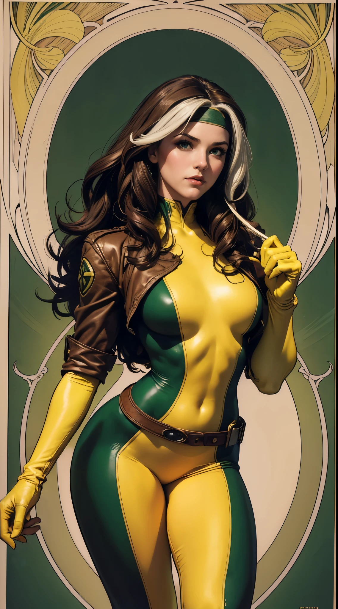 (masterpiece:1.0), (best_quality:1.2), Classic Rogue, 1991 Rogue X-Men, 1 girl, Only 1, full body view, medium length hair, brown hair, wavy hair, messy hair, one lock of white hair, green eyes, mischievous look, smirking, fit figure, curvy figure, medium breasts, lipstick, makeup, jacket, green headband, belt, yellow gloves, skin tight bodysuit, open jacket, light source from above, (realism: 1.5), (Realistic: 1.4), (Absurdity:1.4), 8k, ultra-detailed, Detailed Beautiful Woman, (Art Nouveau style), influence by John William Waterhouse and Alphons Mucha, circles, banners, background colors: green, gold, yellow, white, beige