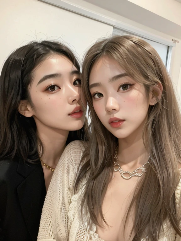 Dos mujeres con pelo largo y un collar posando para una foto., maquillaje popular de Corea del Sur, nixeu and Sakimichan, maquillaje coreano popular, con negro, ulzzang, Ambos tienen los labios rojos, Dos modelos en el marco, Sakimichan, inspirado por Wang Duo, foto de perfil, con hiedra, Lalisa Manobal, Xision Wu