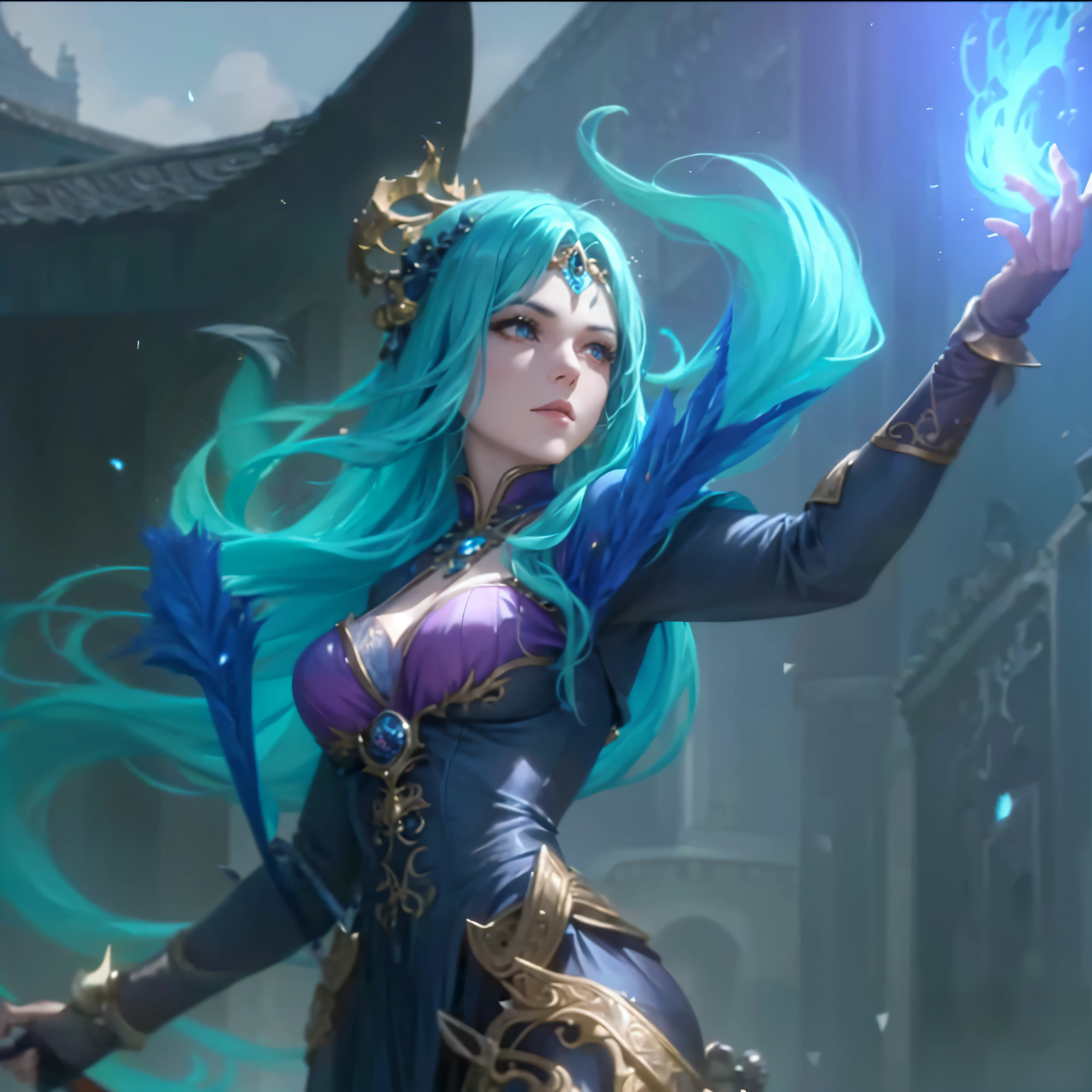 a woman with blue hair and a wand in her hand, queen of crystall, sorceress, beautiful ancient frost witch, mystical atlantean valkyrie, wuxia, palace background, palace, castell, grand palace