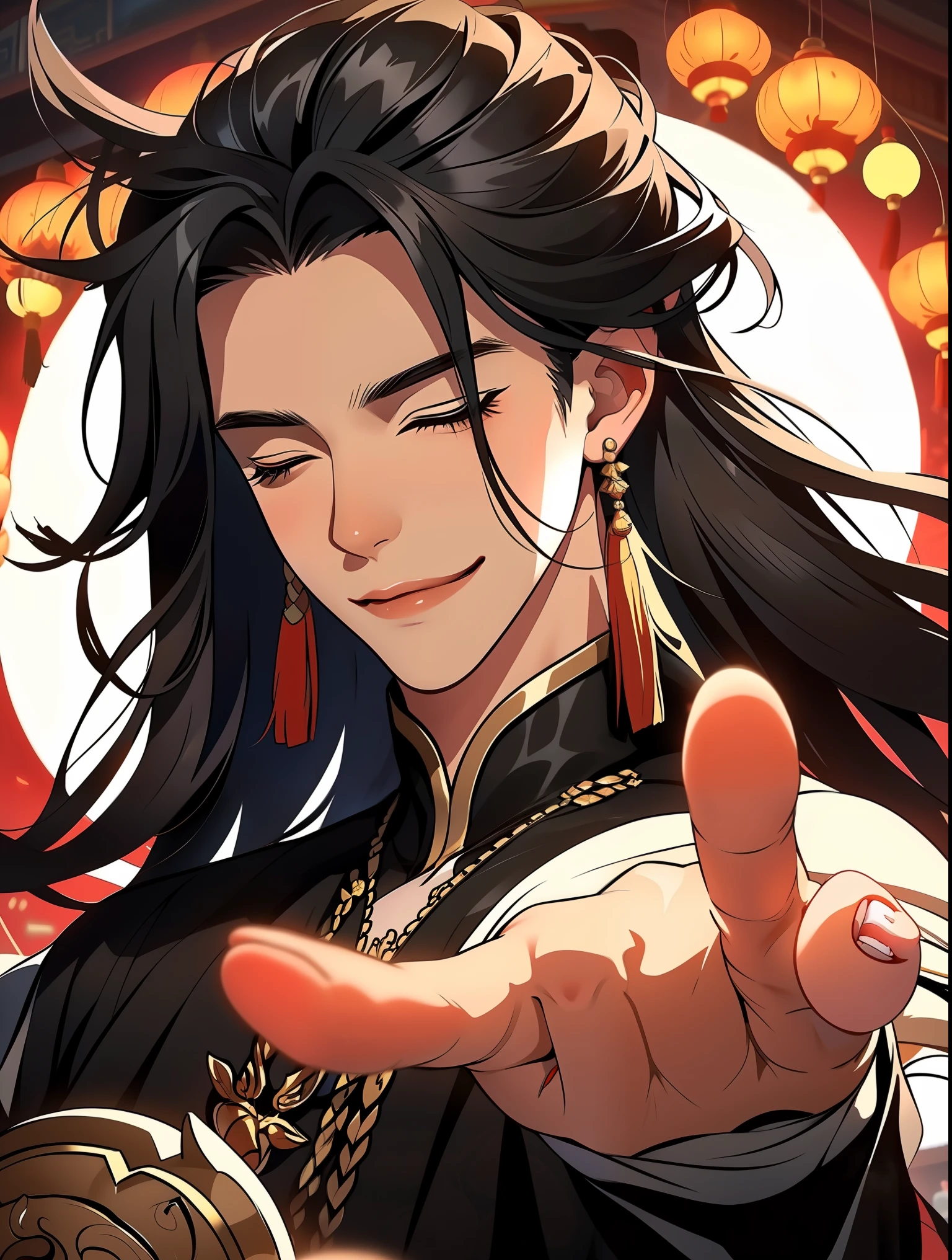ffxianxiaff, male focus, long hair, 1boy, closed eyes, jewelry, black hair, earrings, hair between eyes, chinese clothes, tassel, bangs, long sleeves, solo, sleeping, closed mouth, architecture, east asian architecture, smile, tassel earrings, upper body