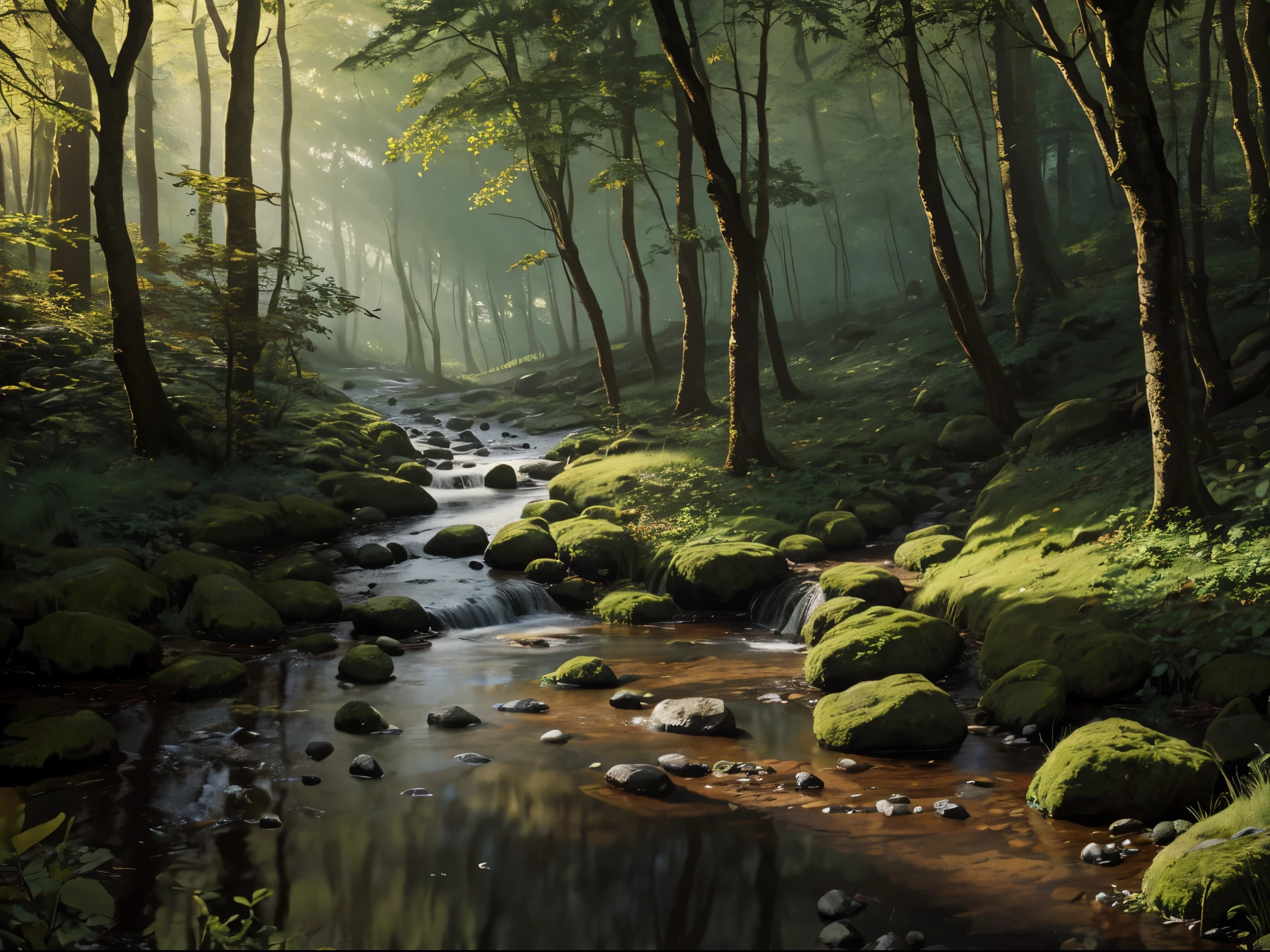 oil painting. realistic environment, A bit dark and tense. A natural stone path and a small stream flows through large rocks into a large puddle in front of us. Into the clearing. Deaf, Woodland. many details. Strong sunlight. light mist.
