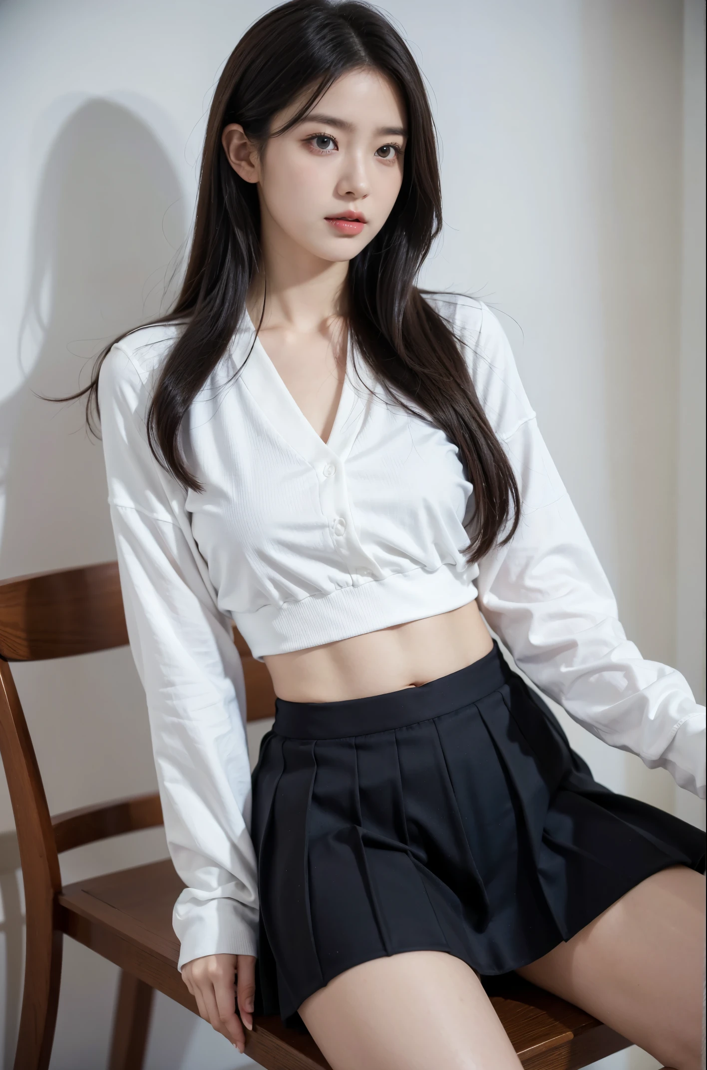 The face is :9,1714884241], Serapuk girl holding skirt in hand, Sailor outfit、Raw foto、Wearing black pantyhose、wearing little white panties、Upskirt, 초a realistic schoolgirl, a realistic schoolgirl, Beautiful girl sitting on a chair, 초a realistic schoolgirl, Fine details. Crotch Pants Show, Ecchi style, Ecchi, Thighs thighs Thighs!!!