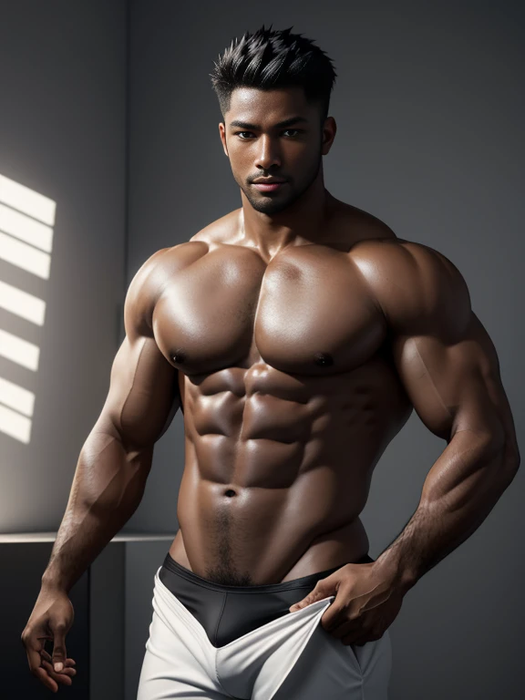 8K,8K分辨率,Muscular blacks, cool guy,Sexy and charming eyes,Dark skin,Fine, smooth and shiny,Plump pectoral muscles,Naked, short white pantig bag,Highlight,best qualityer,profesional lighting,professional photoshooting,Realistic photos,realistic model,photorealistic art
