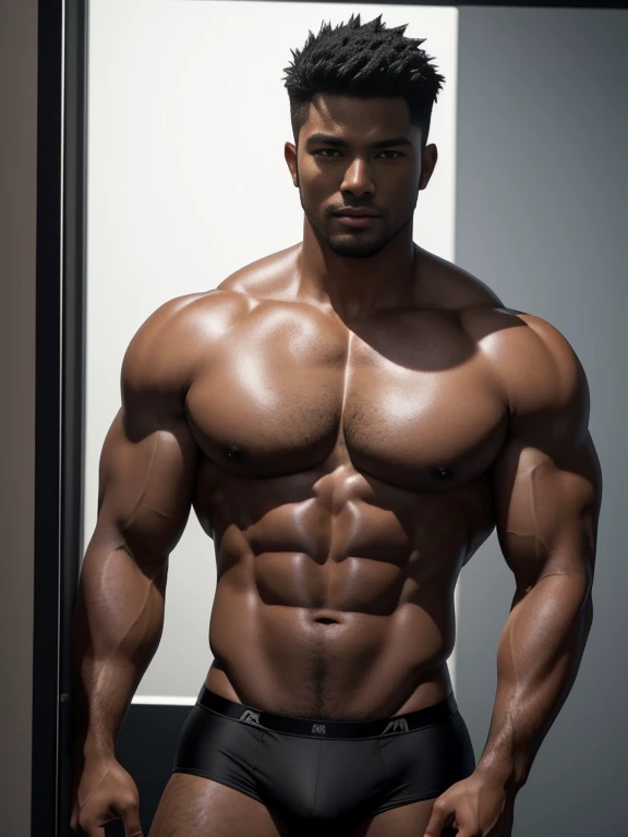 8K,8K分辨率,Muscular blacks, cool guy,Sexy and charming eyes,Dark skin,Fine, smooth and shiny,Plump pectoral muscles,Naked, short white pantig bag,Highlight,best qualityer,profesional lighting,professional photoshooting,Realistic photos,realistic model,photorealistic art