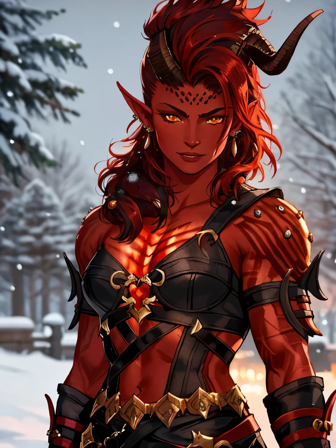 1female Tiefling with red skin, looks like Karlach from Baldursgate, orange eyes,piercings on face, great  skin texture, great eyes, muscle body, one brocken horn at head, wears black leather barbarian clothes, great details, ultra quality, wallpaper, dynamic light, dynamic pose, wears pants, great face, great skin texture, masterpiece, trending on artstation, detailes chrustmas clothes, red clothes with whute fur, Miss christmas clothes, calm picture, romantic, great details, snowing in night as background, great face, good wallpaper, lovely and romantic setting, great detailed textures, soft face expression, close up, great horns, lovely