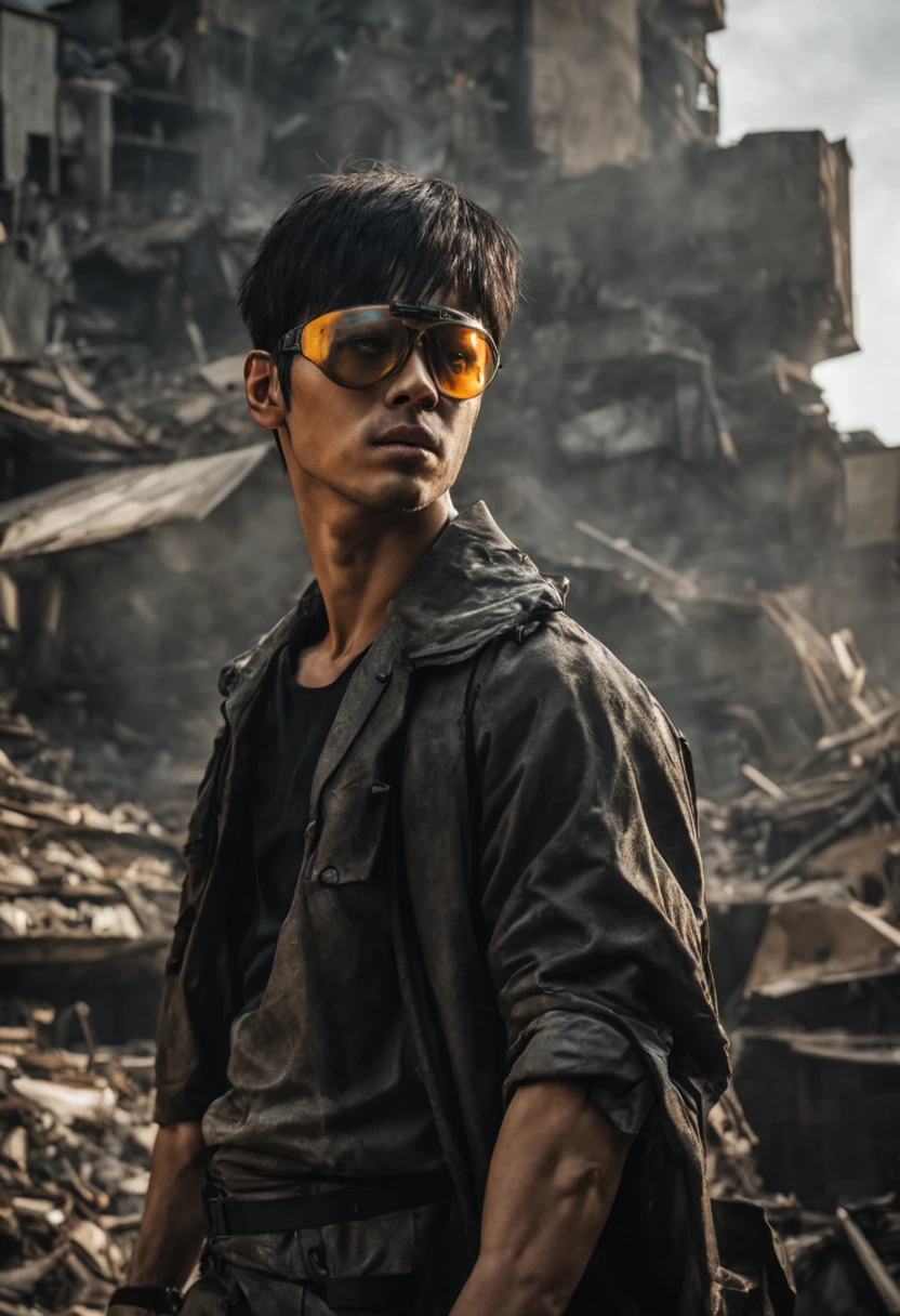 (Best quality at best,4K,ultra - detailed),(actual:1.37),(A high resolution,photoactual)sportrait,asian male model,Attractive,black reotard,kurzes dunkles Haar,黑The eye,Big orange goggles worn on the face,Desolate post-apocalyptic background,dramatic lights,Tenacious style,vivd colour,ruined cityscapes,serious expressions,Strong gaze,There are scars on the face,strong facial features,Sharp chin line,Subtle smoke effect,Vivid Contrast,Sinister atmosphere,confident pose,musculous,city in ruins,crumbling buildings,Dust and debris in the air, decay,Semi-blurred background,tough texture,Hints of danger and mystery.