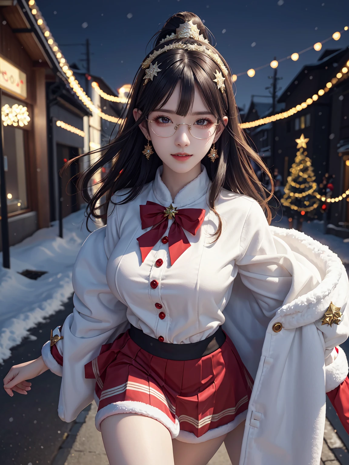 (masterpiece:1.3), live wallpaper, top-quality, Beautifully Aesthetic:1.2, ((1 girl)), solo, (red and white colors christmas uniform, shirt, long skirt), (black brown Hair, Straight hair, short hair), detailed face, detailed eyes, detailed ears, detailed lips, ((eye-glasses)), (perfect body (firm breast, nicely shaped breasts, slender figure)), (arms behind back), (Upper body shot:1.1), (From front:1.3), (Looking at viewer, smiling), (elegant stylish contraposto pose:1.2), (walking on the modern street at Christmas night with snow:1.3), christmas night, christmas tree, christmas gifts, snow, ((At the middle of christmas celebration decorated for christmas :1.2)), intricate background, ultra realistic background