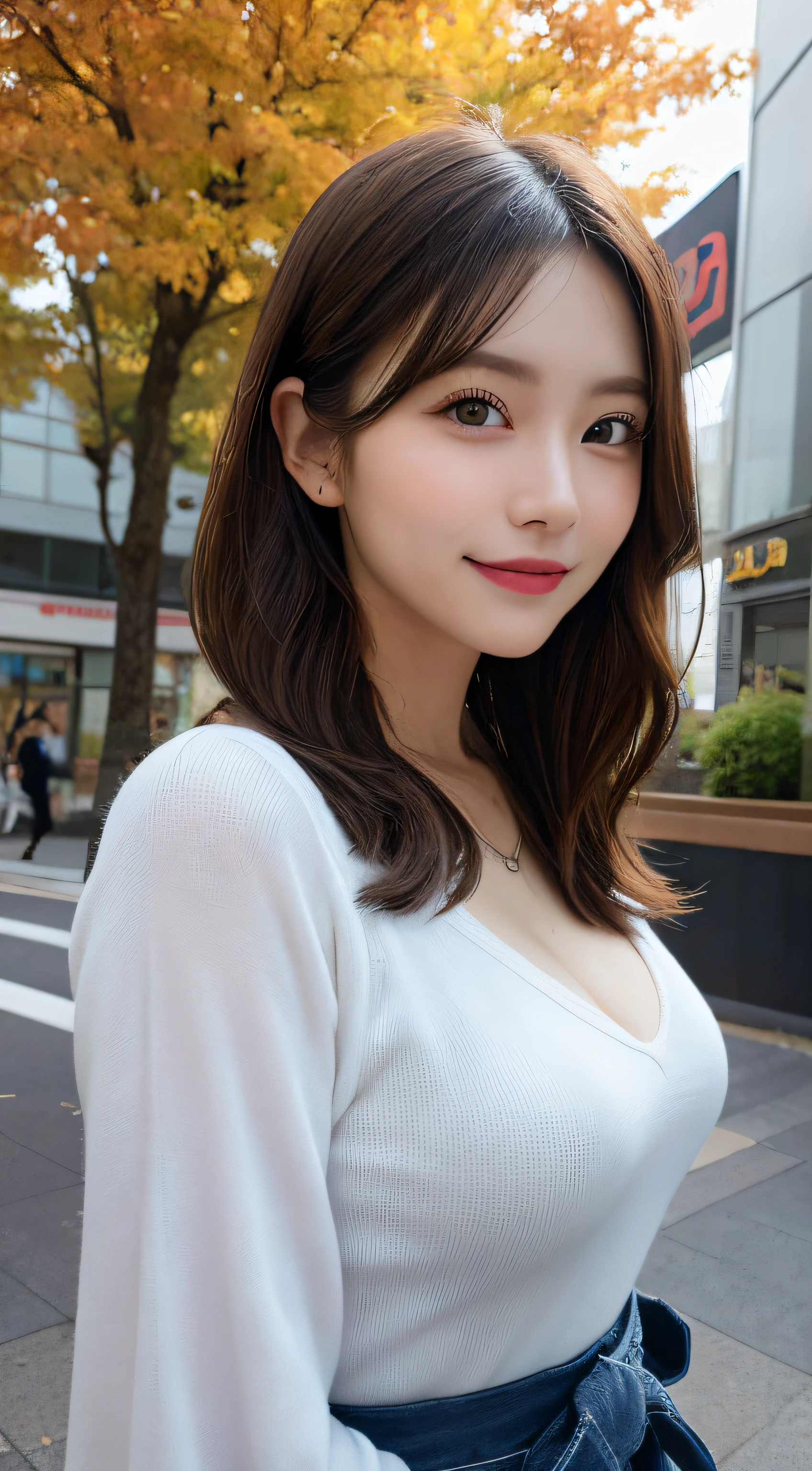 masutepiece, Best Quality, Illustration, Ultra-detailed, finely detail, hight resolution, 8K Wallpaper, Perfect dynamic composition, Beautiful detailed eyes, Autumn Women's Fashion,waved hair,huge tit、Natural Color Lip, Bold sexy poses,Smile,Harajuku、20 years girl、Cute、Sexy shot looking at camera、up of face