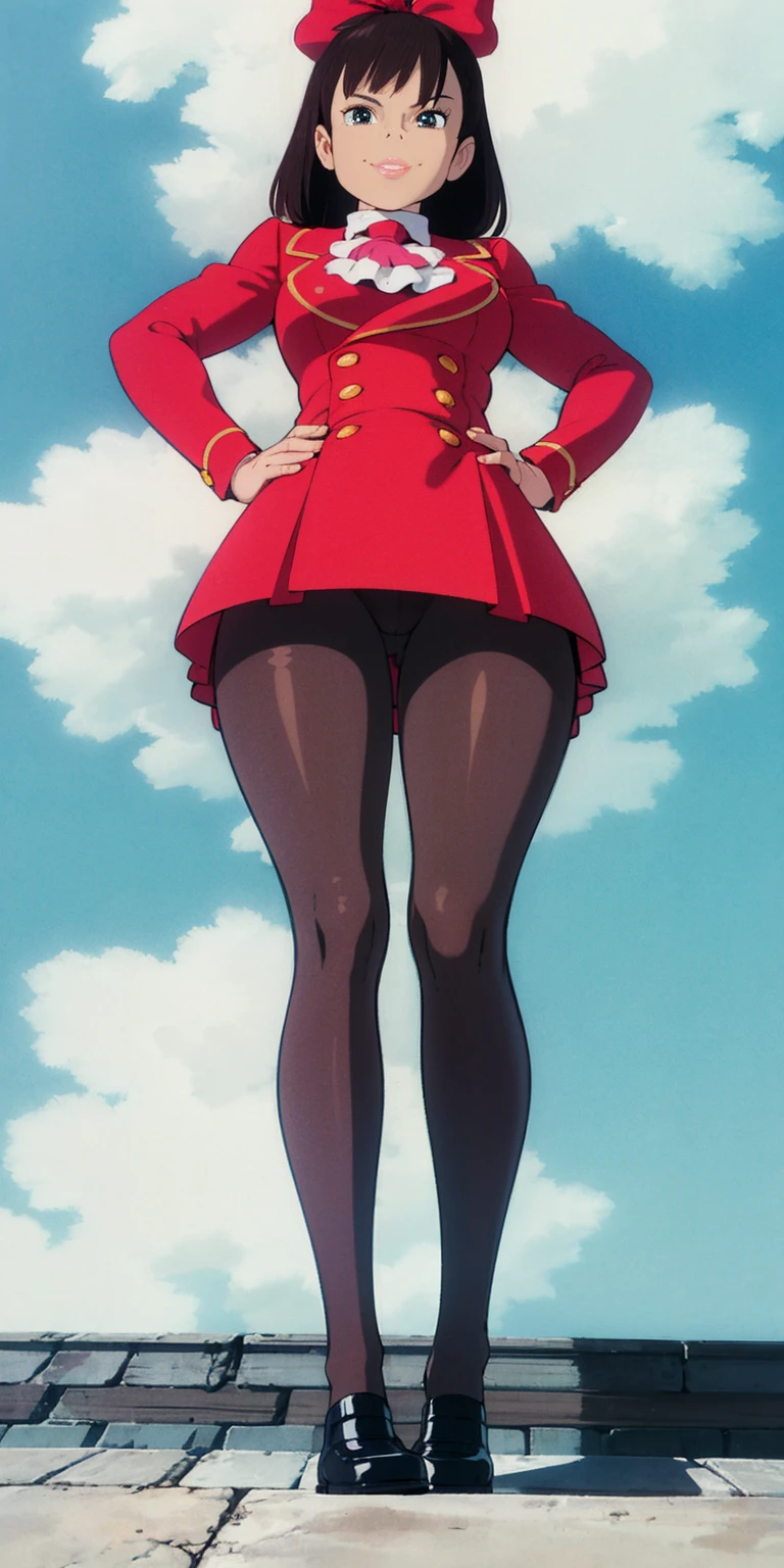 masterpiece, best quality, full body standing straight symmetrical, sfkarin, hair bow, ascot, red jacket, long sleeves, frilled skirt, pantyhose, standing, looking at viewer, from below, looking at viewer, smug, smile, sky, clouds, thighs,