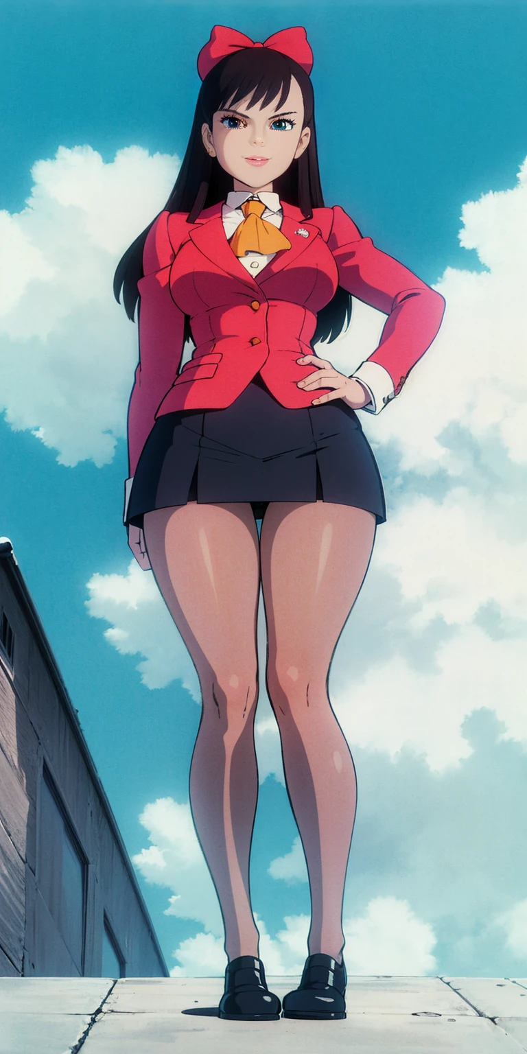 masterpiece, best quality, full body standing straight symmetrical, sfkarin, hair bow, ascot, red jacket, long sleeves, frilled skirt, pantyhose, standing, looking at viewer, from below, looking at viewer, smug, smile, sky, clouds, thighs,