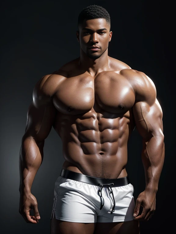 8K，8K分辨率，Muscular blacks, cool guy，Sexy and charming eyes，Dark skin,Fine, smooth and shiny，Plump pectoral muscles，Naked， short white pantig bag，Highlight，best qualityer，profesional lighting，professional photoshooting，Realistic photos，realistic model，photorealistic  art