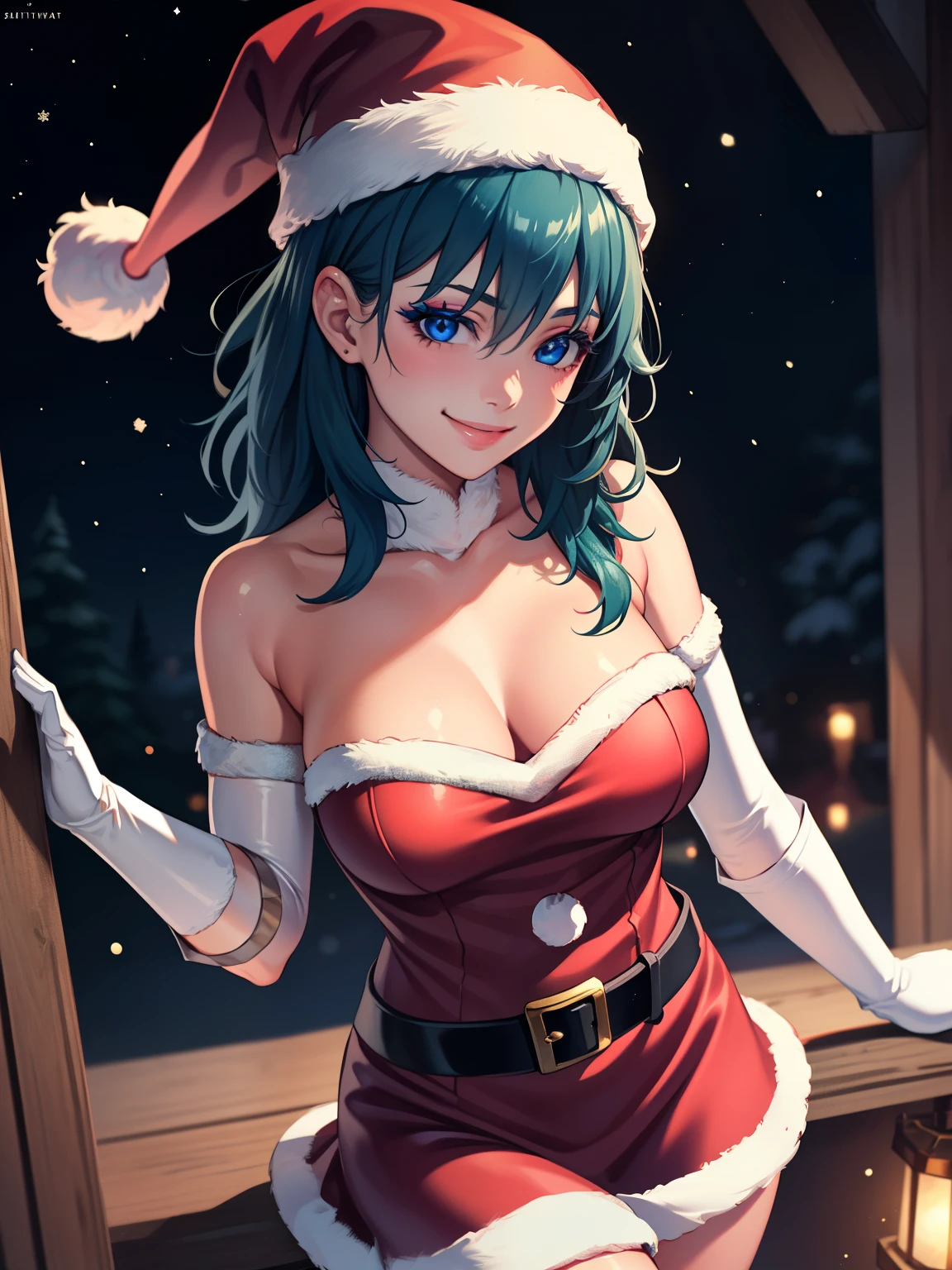 1girl, solo, masterpiece, best quality, high res, highly detailed, (illustration), beautiful detailed eyes, fembyleth ,glossy lips, makeup, smile, long white elbow gloves, cowboy shot, (santa), red santa dress, santa hat, strapless dress, white elbow gloves