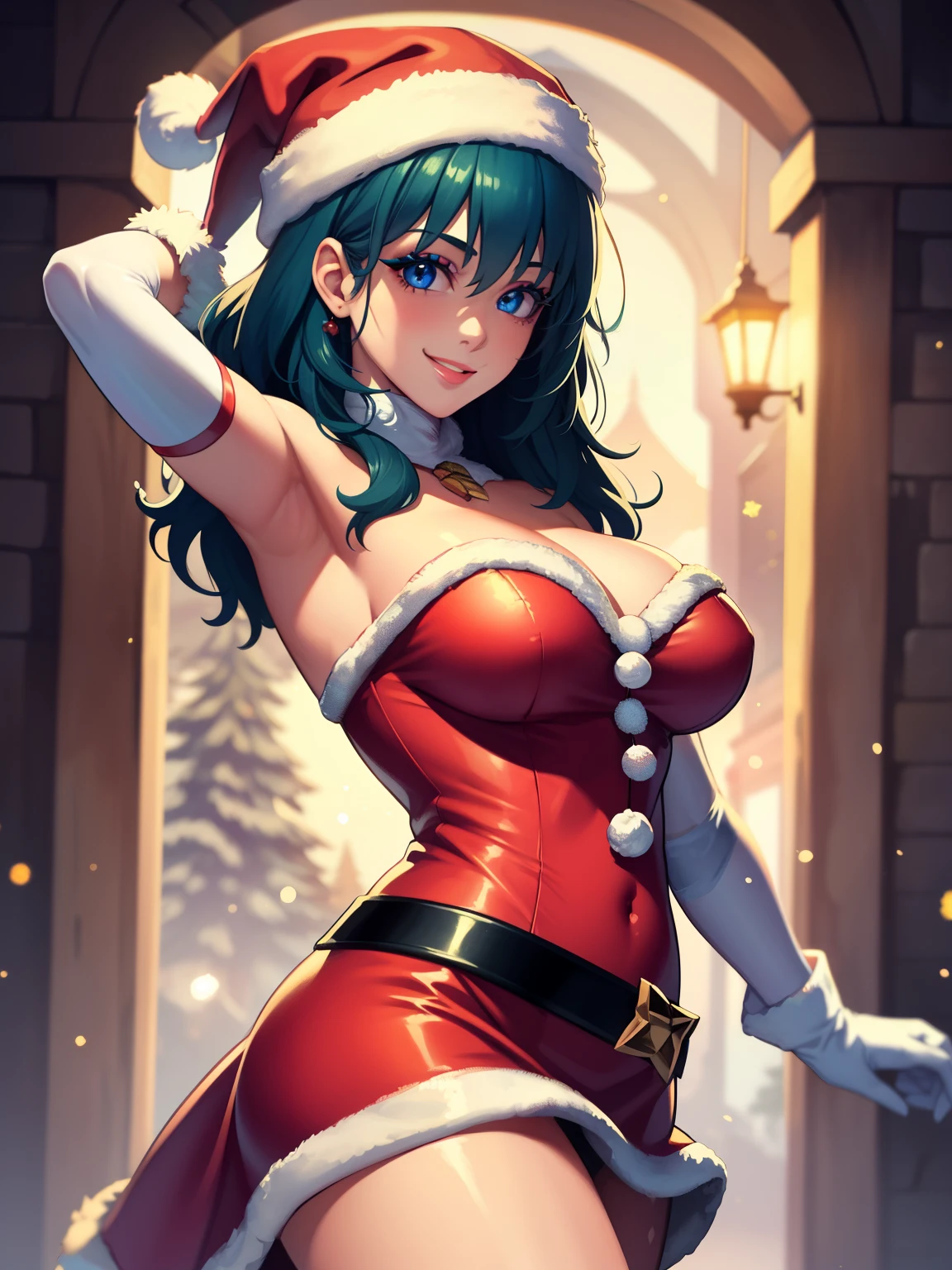 1girl, solo, masterpiece, best quality, high res, highly detailed, (illustration), beautiful detailed eyes, fembyleth ,glossy lips, makeup, smile, long white elbow gloves, cowboy shot, (santa), red santa dress, santa hat, strapless dress, white elbow gloves