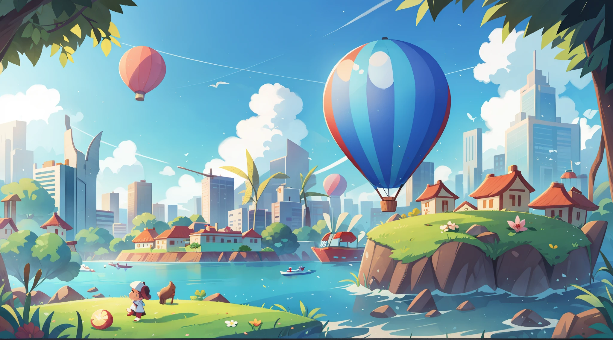lakeside,stans,a plant,blue-sky,baiyun,High-rise buildings in the distance,The Car,hot air balloon,Boat,Planes